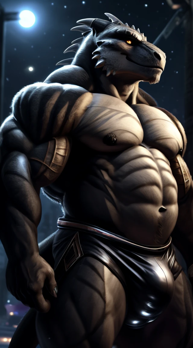 A lizard man,  strong beefy upper body, muscular, musclegut, bulge, illustration, (best quality, 4k, highres, masterpiece:1.2), ultra-detailed, realistic, horror, sharp focus, vivid colors, nighttime lighting, motion lines.