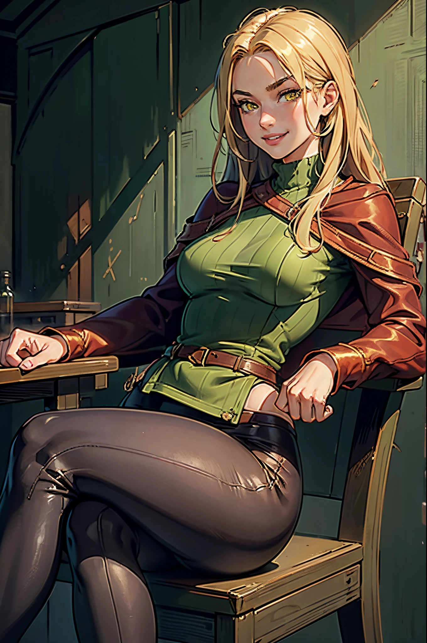 1girl, solo, 16 years old, loose blond hair, wearing velvet red leggings and green sweather, sitting on a chair in classroom, crossing legs, smiling embarassed, side view, bare forehead, hooked nose, puffy cheeks, small breast, alluring, flirty, confident, scornful look, malicious smirk, detailed face, detailed yellow eyes, detailed irises, thick fleshy lips, medieval, high res, best quality, ultrasharp, 8K, cinematic, green wall behind