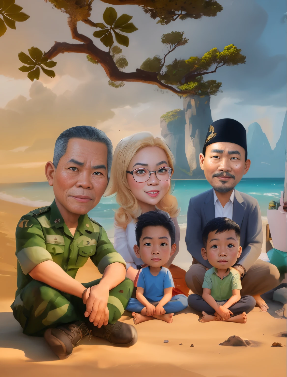 there are many people sitting on the beach together, cartoon digital painting, an indonesian mislim family portrait, background Beautiful seas and hills, in cartoon style, digital art cartoon, realism artstyle, cartoon artstyle, cartoon digital art, realistic cartoon, family, cartoon art, potrait, digital cartoon painting art, by Abidin Dino, caricature illustration, full protrait, cartoon art style, caricature style