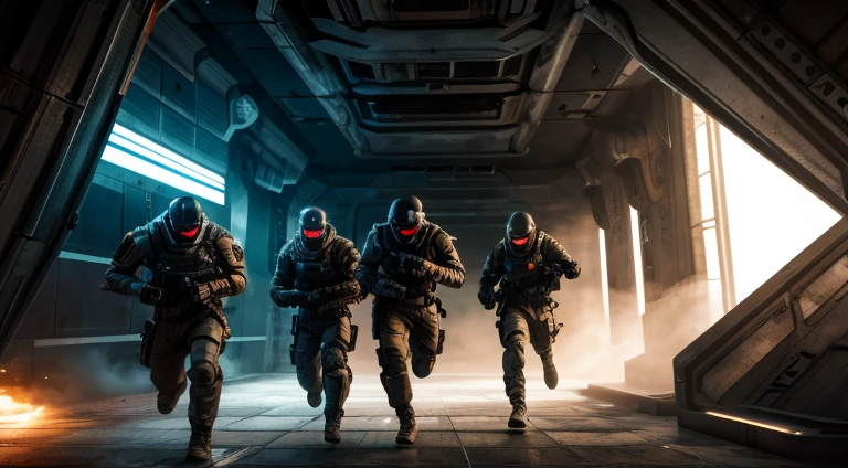 mercenaries running in a spaceship corridor with guns, masterpiece, intense action, dark lighting, metallic textures, atmospheric, cyberpunk, shadows, smoke, high-tech equipment, adrenaline-filled, intense motion, dystopian, chaotic, danger, combat, futuristic architecture, [space-themed background], (best quality, 4k, highres), ultra-detailed,