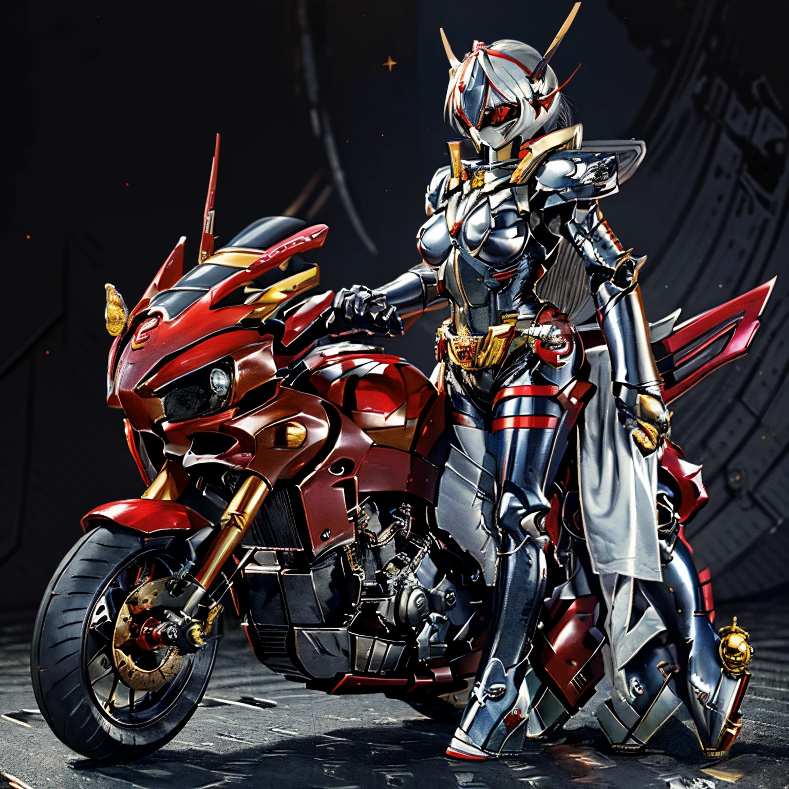Standing confidently, full body shot, 1girl, solo,(8K、RAW、proffesional、top-quality)、(realisitic、Photorealsitic:1.2)、(Highest Detail Face:1.2)、Front lighting、A dark shadow threatened the city,A female member of the
adepta sororitas , becomes a perfect fusion of Kamen rider and the
adepta sororitas , Kamen Rider Canoness。Pure white hair, Transformation, Black Metallic body with red shining trim and pure white Fleur-de-lis on her breasts, Wearing a transformation belt、Burning with The God Emperor of Mankind’s holy light, sHe destroys the minions of Chaos。This Female Kamen Rider illuminates the darkness。glowing with holy mercy, Holy Flaming Chain Blade