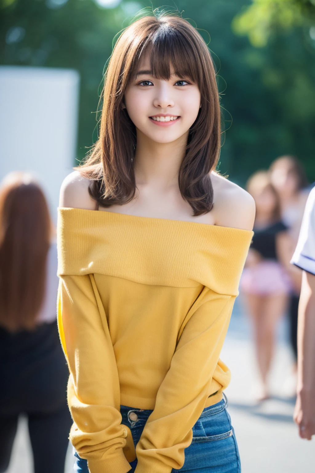 Cute Teen、Long bangs、Well-formed teeth alignment、off shoulder blouse、(8K、Raw photo、Background bokeh：1.5）