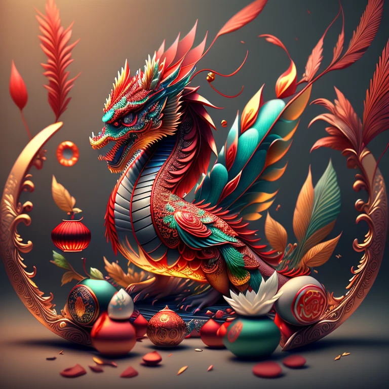 Full scene. Main subject: Chinese dragon and Chinese dragon and more Chinese dragon. Details: Chinese ornamentation, capsuled, pills, highly capsuled, trend on behance 3 d art, stunning Chinese artwork, extremely high quality artwork, beautiful artwork, colorful hyperrealism, beeple colors, red, brown, grey, (best quality,4k,8k,highres,masterpiece:1.2),ultra-detailed,(realistic,photorealistic,photo-realistic:1.37),HDR,UHD,studio lighting,ultra-fine painting,sharp focus,physically-based rendering,extreme detail description,professional,vivid colors,bokeh. Attention：Original art by Tupu.