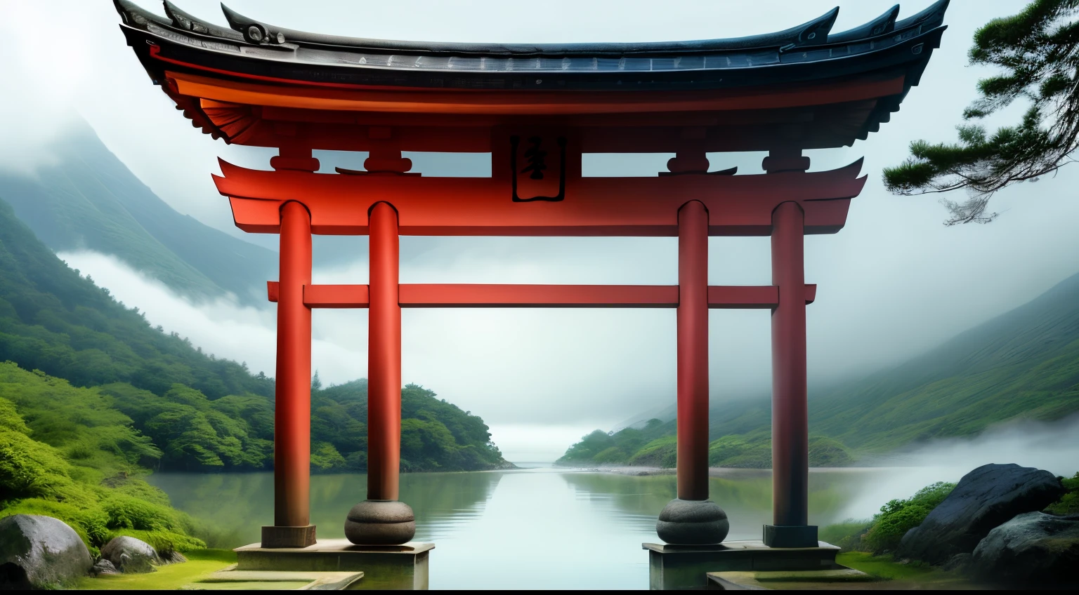 styhuke, (SGNOVELCG:1.2), sgzeroNetvelcg, no man_humans, A Japanese shrine, scenery, water, mist