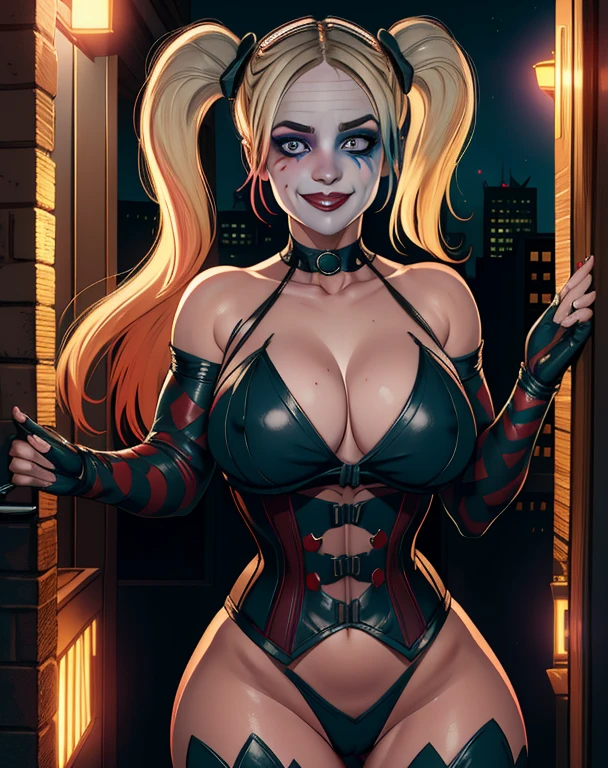 Harley, blonde hair,  long hair,  blue eyes,  makeup,  face paint, 
corset,  collarbone,   navel,  smile,  cleavage,  covered nipples,  
night,Gotham city, prison cell, 
(insanely detailed, beautiful detailed face,beautiful detailed eyes, masterpiece, best quality),solo, large breasts! Enhanced cleavage, round ass, thick thighs!, full body shot