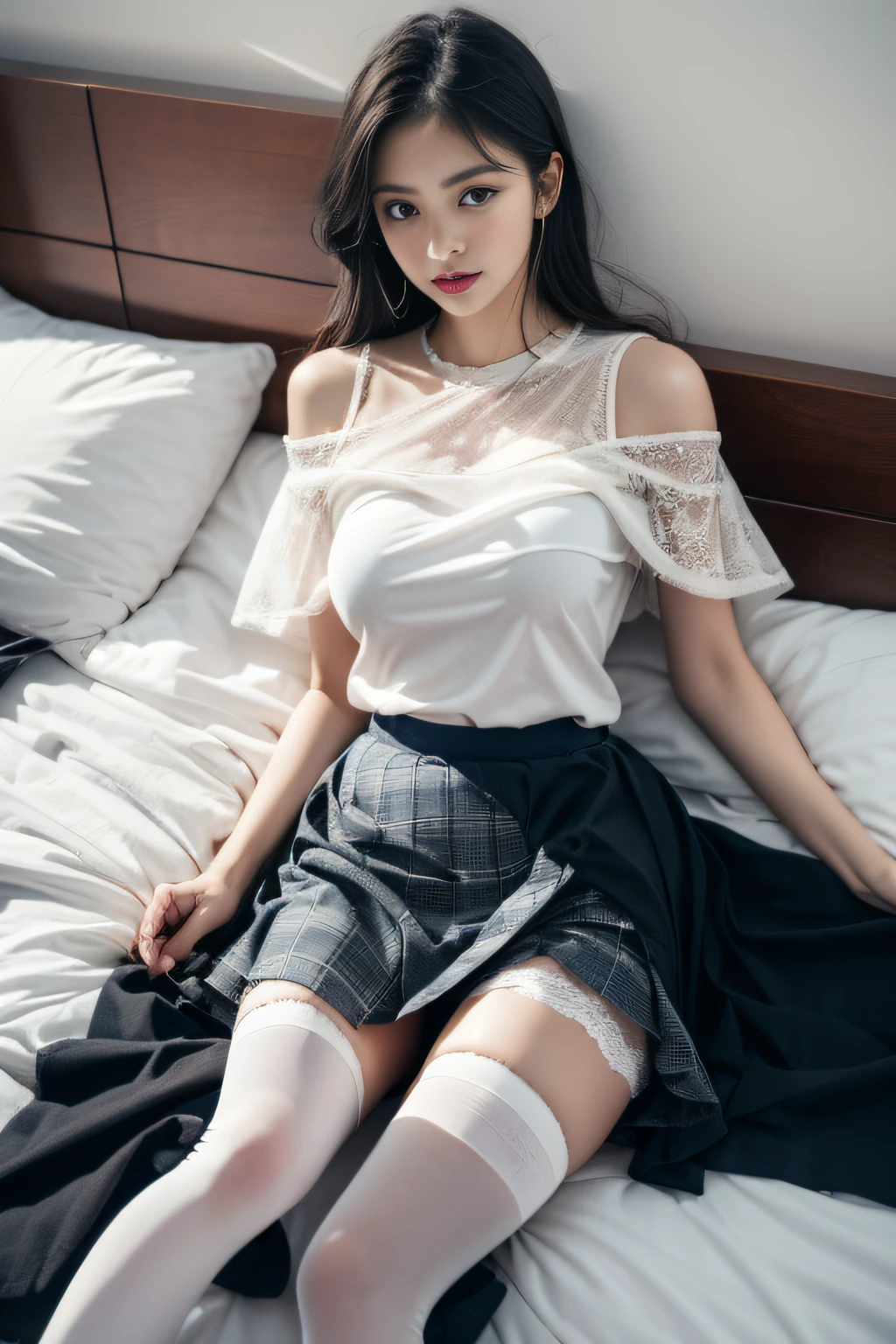 ( Girl lying in bed),Charming eyes,Heartwarming action,Turn your face away from the camera,stooped,Bend over,turn back,Look up at your head,thick and long black hair,Highly detailed body,Highly detailed face,best qualtiy、(P boobs iNK underwear),(High School Girls),((Off-shoulder translucent white blouse)),(Cleavage coordination),((navy check flare skirt)),(Black stockings)、((White lace panties are visible)),