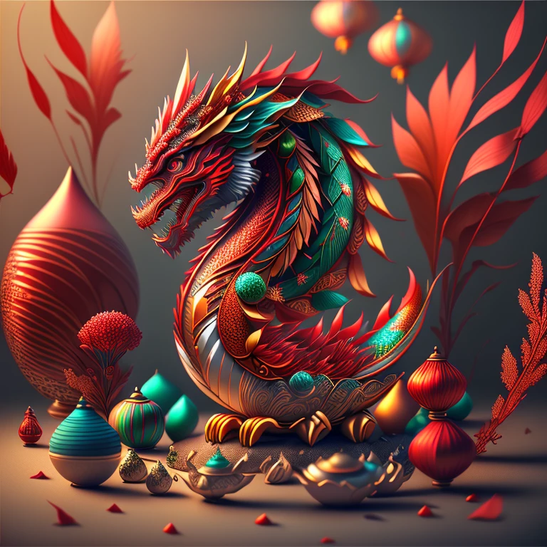 Full scene. Main subject: Chinese dragon and Chinese dragon and more Chinese dragon. Details: Chinese ornamentation, capsuled, pills, highly capsuled, trend on behance 3 d art, stunning Chinese artwork, extremely high quality artwork, beautiful artwork, colorful hyperrealism, beeple colors, red, brown, grey, (best quality,4k,8k,highres,masterpiece:1.2),ultra-detailed,(realistic,photorealistic,photo-realistic:1.37),HDR,UHD,studio lighting,ultra-fine painting,sharp focus,physically-based rendering,extreme detail description,professional,vivid colors,bokeh. Attention:Original art by Tupu.