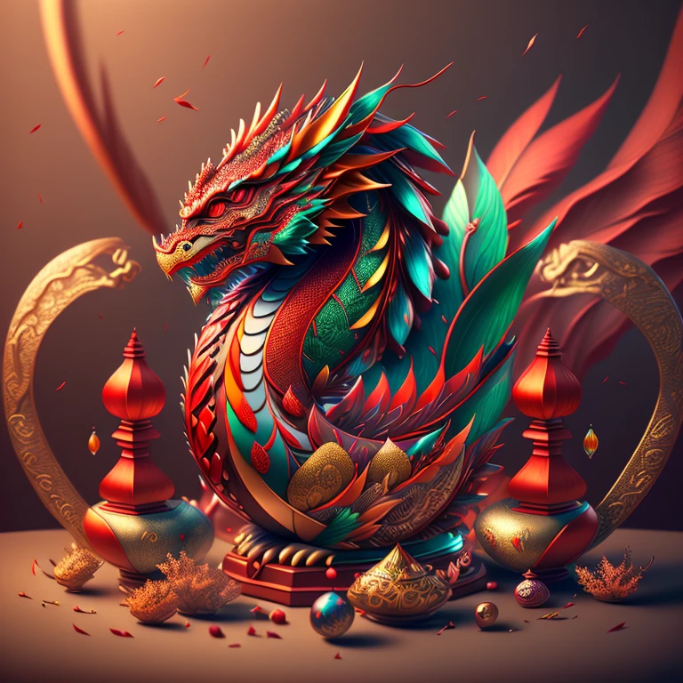 Full scene. Main subject: Chinese dragon and Chinese dragon and more Chinese dragon. Details: Chinese ornamentation, capsuled, pills, highly capsuled, trend on behance 3 d art, stunning Chinese artwork, extremely high quality artwork, beautiful artwork, colorful hyperrealism, beeple colors, red, brown, grey, (best quality,4k,8k,highres,masterpiece:1.2),ultra-detailed,(realistic,photorealistic,photo-realistic:1.37),HDR,UHD,studio lighting,ultra-fine painting,sharp focus,physically-based rendering,extreme detail description,professional,vivid colors,bokeh. Attention：Original art by Tupu.