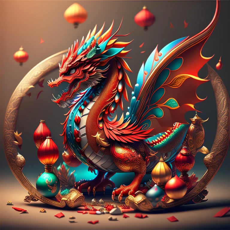 Full scene. Main subject: Chinese dragon and Chinese dragon and more Chinese dragon. Details: Chinese ornamentation, capsuled, pills, highly capsuled, trend on behance 3 d art, stunning Chinese artwork, extremely high quality artwork, beautiful artwork, colorful hyperrealism, beeple colors, red, brown, grey, (best quality,4k,8k,highres,masterpiece:1.2),ultra-detailed,(realistic,photorealistic,photo-realistic:1.37),HDR,UHD,studio lighting,ultra-fine painting,sharp focus,physically-based rendering,extreme detail description,professional,vivid colors,bokeh. Attention：Original art by Tupu.