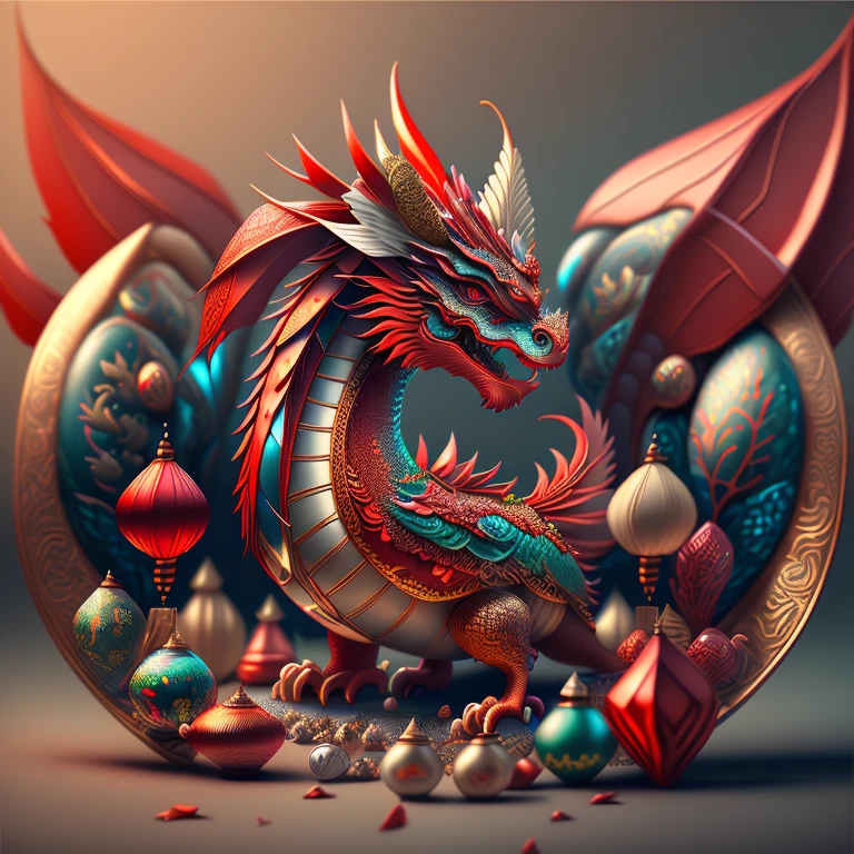Full scene. Main subject: Chinese dragon and Chinese dragon and more Chinese dragon. Details: Chinese ornamentation, capsuled, pills, highly capsuled, trend on behance 3 d art, stunning Chinese artwork, extremely high quality artwork, beautiful artwork, colorful hyperrealism, beeple colors, red, brown, grey, (best quality,4k,8k,highres,masterpiece:1.2),ultra-detailed,(realistic,photorealistic,photo-realistic:1.37),HDR,UHD,studio lighting,ultra-fine painting,sharp focus,physically-based rendering,extreme detail description,professional,vivid colors,bokeh. Attention:Original art by Tupu.
