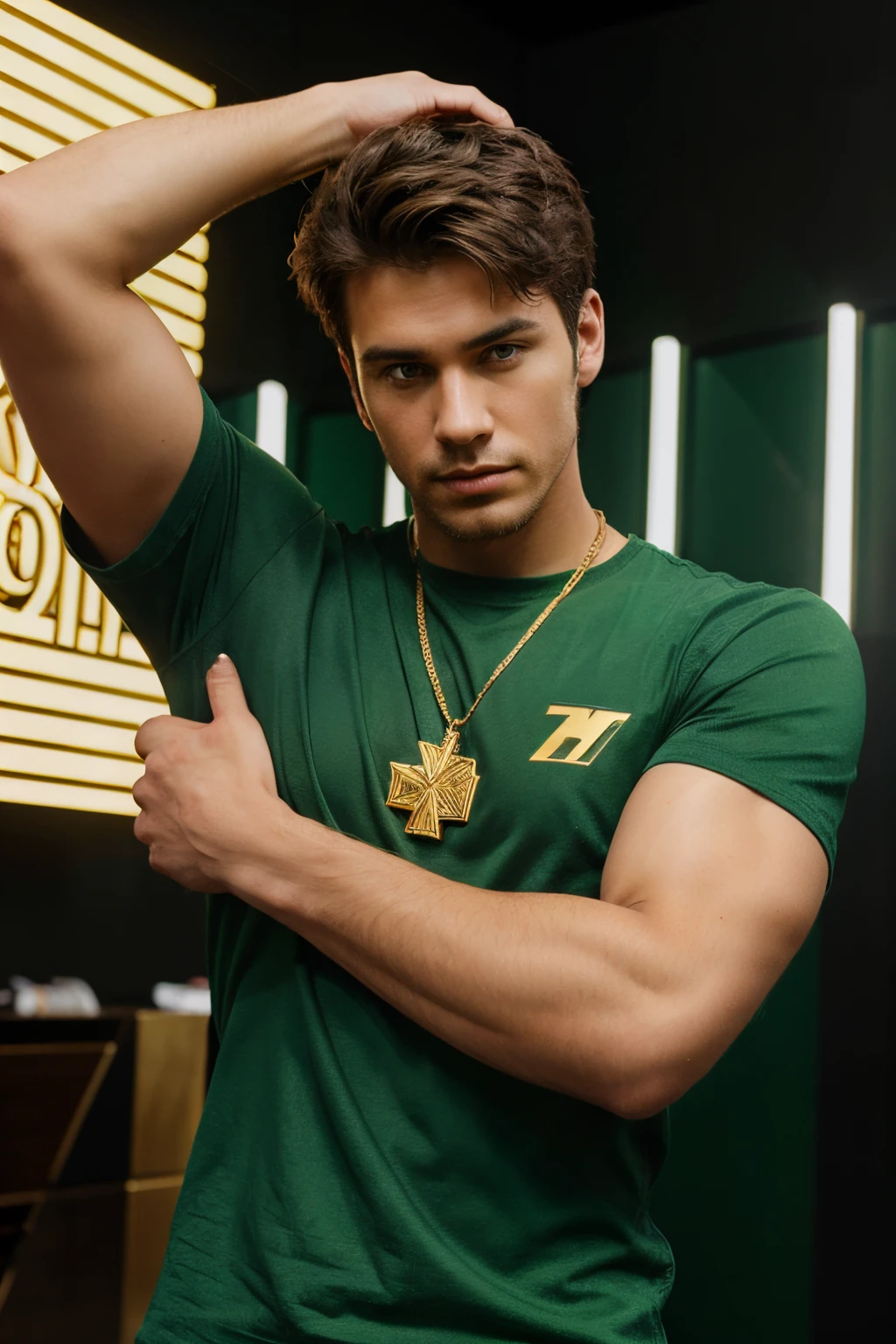 A 5D logo with the name '' MYN '' , colored gold and green, with a handsome  young man man cross arm ,money,realistic.