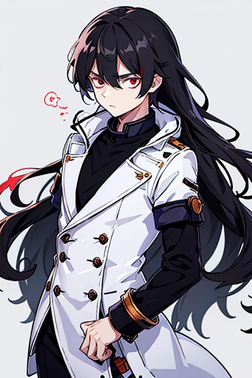 A man with long hair and red eyes, wearing a large white coat over a black woolen shirt with a high collar. His hair cascades down his shoulders in loose waves, framing his face. His eyes, a striking shade of red, seem to glow with intensity. The white coat he wears is oversized, reaching down to his thighs, and is adorned with intricate patterns and decorative buttons. Underneath the coat, the black woolen shirt with a high collar adds a touch of sophistication to his look. The collar hugs his neck, creating a sleek and stylish silhouette.