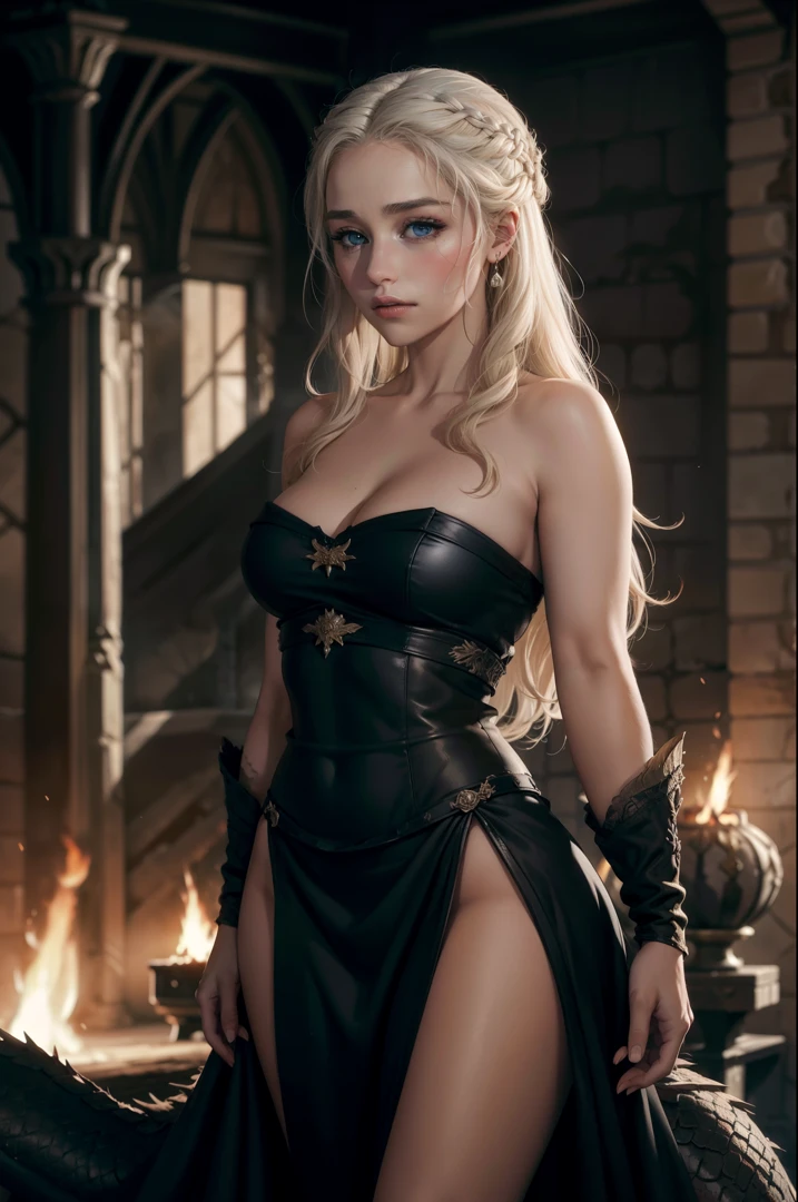 best quality,4k,8k,highres,masterpiece:1.2,ultra-detailed,realistic:1.37,Daenerys Targaryen, beautiful detailed eyes,beautiful detailed lips,extremely detailed eyes and face,longeyelashes,dragon queen,blond hair,piercing blue eyes,queen's gown,confident expression,regal posture,dramatic lighting,fire-breathing dragon,creative portrait,emotional portrait,vivid colors,Game of Thrones fan art,medieval fantasy,stylized artwork,smoke and fire effects,dragons flying in the background,throne room setting,fiery atmosphere,powerful and majestic,A Song of  and Fire,large scale mural,rich textures,depth and dimension,ethereal and captivating scene, sexy, alluring