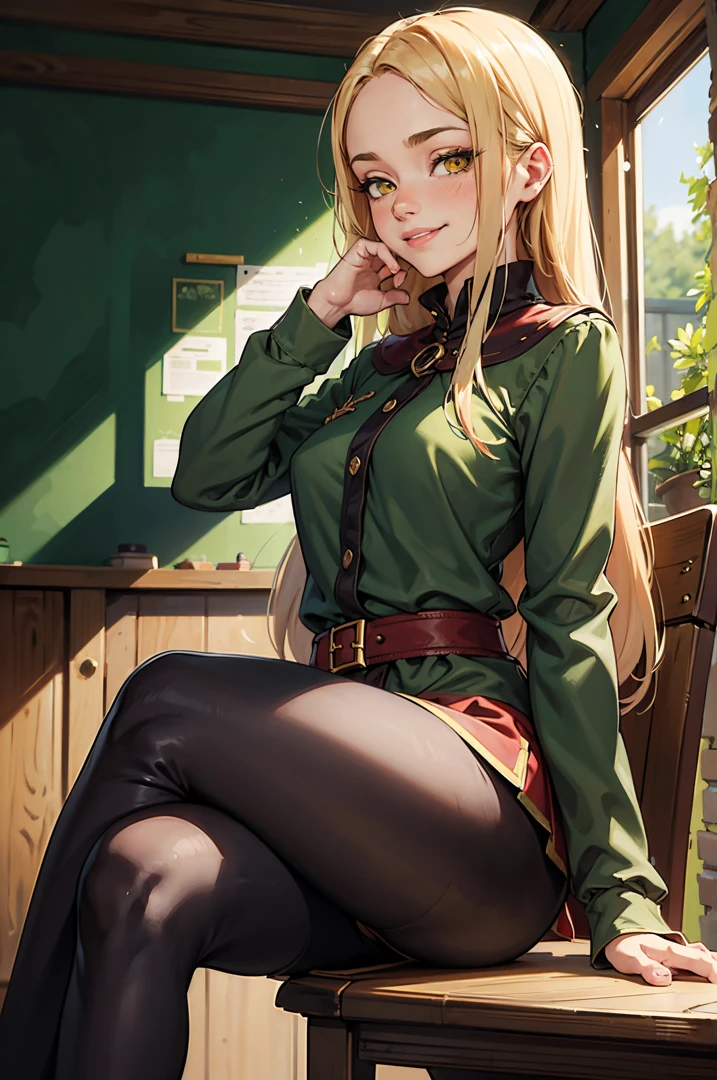 1girl, solo, 16 years old, loose blond hair, wearing velvet red leggings and green sweather, sitting on a chair in classroom, crossing legs, smiling embarassed, side view, bare forehead, hooked nose, puffy cheeks, small breast, alluring, flirty, confident, scornful look, malicious smirk, detailed face, detailed yellow eyes, detailed irises, thick fleshy lips, medieval, high res, best quality, ultrasharp, 8K, cinematic, green wall behind