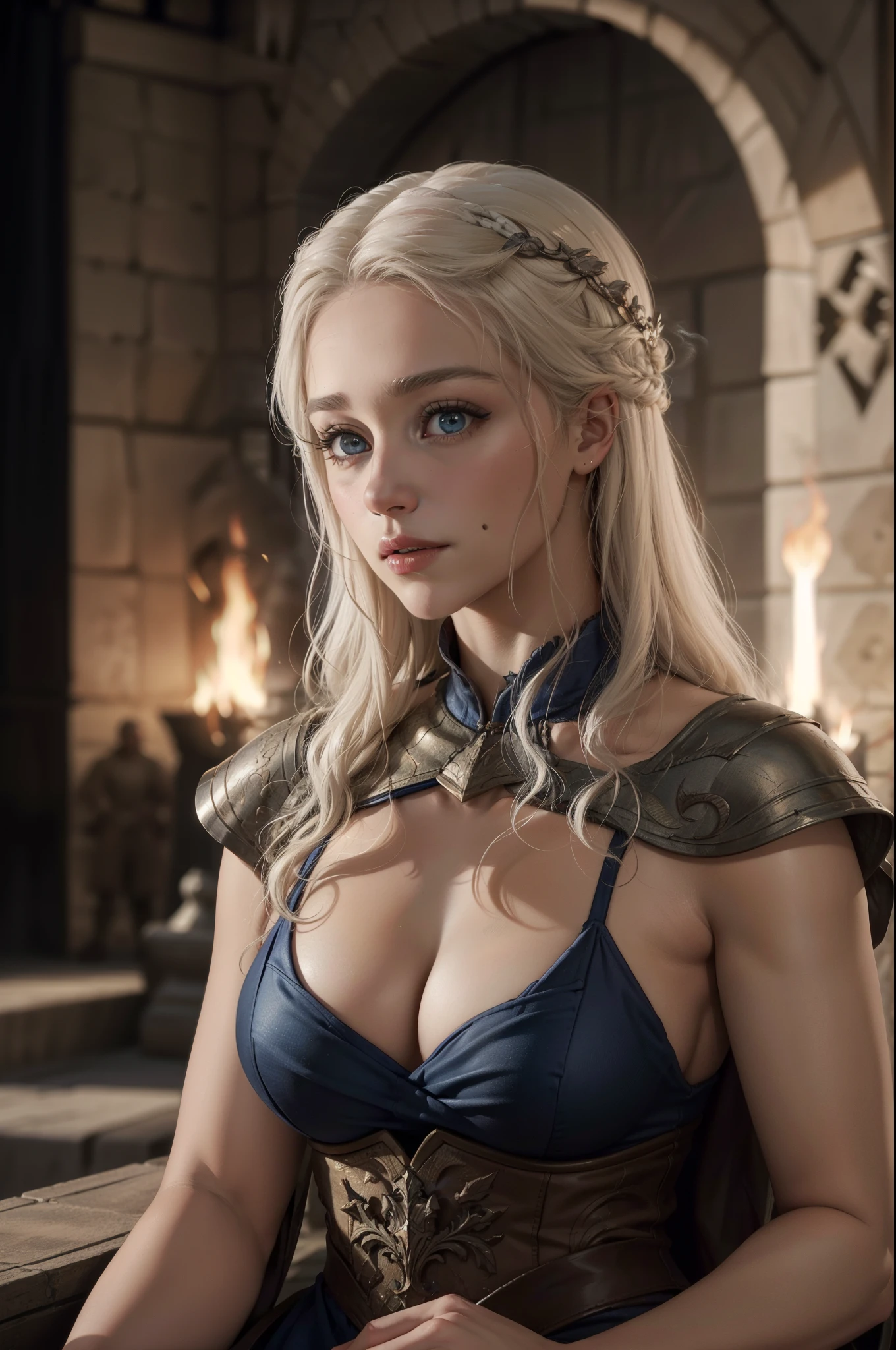 best quality,4k,8k,highres,masterpiece:1.2,ultra-detailed,realistic:1.37,Daenerys Targaryen, beautiful detailed eyes,beautiful detailed lips,extremely detailed eyes and face,longeyelashes,dragon queen,blond hair,piercing blue eyes,queen's gown,confident expression,regal posture,dramatic lighting,fire-breathing dragon,creative portrait,emotional portrait,vivid colors,Game of Thrones fan art,medieval fantasy,stylized artwork,smoke and fire effects,dragons flying in the background,throne room setting,fiery atmosphere,powerful and majestic,A Song of  and Fire,large scale mural,rich textures,depth and dimension,ethereal and captivating scene, sexy, alluring