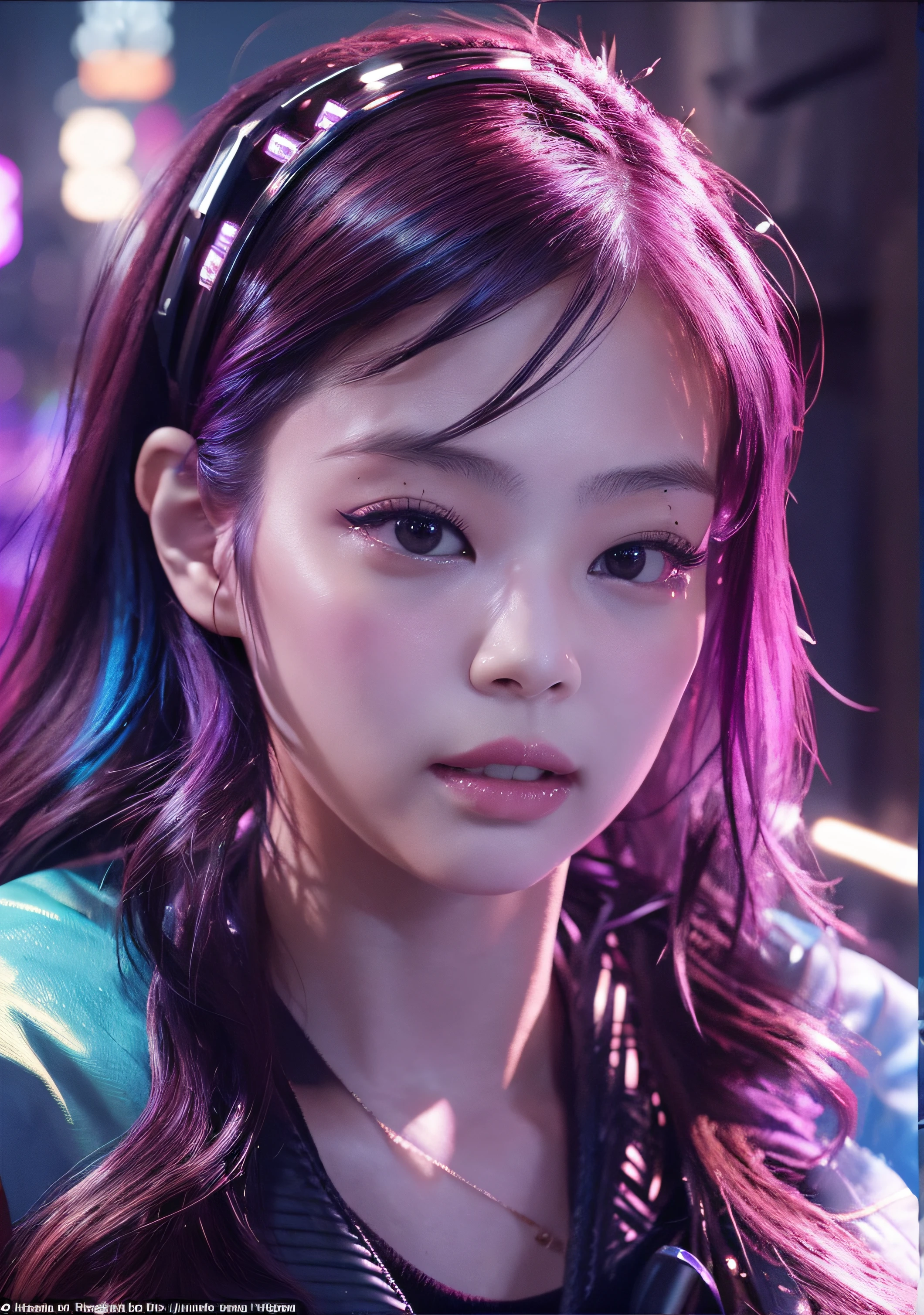 analog style, model shoot style, photo ((selfie:1.8)) of a girl, 1girl, (cyberpunk:1.8, cyberpunk city background:1.8), ((cutest face: 1.8, perfect face:1.3)), (long multicolored hair:1.4, pale skin:1.5),
(from above:1.2), best quality, epic (by lee jeffries photo, sony a7, 50 mm, pores:1.5, colors, hyperdetailed:1.5, film grain:1.4,
hyperrealistic: 1.5), hyper-realistic lifelike texture, masterpiece, unreal engine 5, Extremely detailed CG unity 8k wallpaper, realistic eyes,
Madly detailed photo, (ecstasy of light and shadow, deep shadow), (Winner of the Pulitzer Prize for Photography and Taylor Wessing Photographic Prize) Jennie Kim