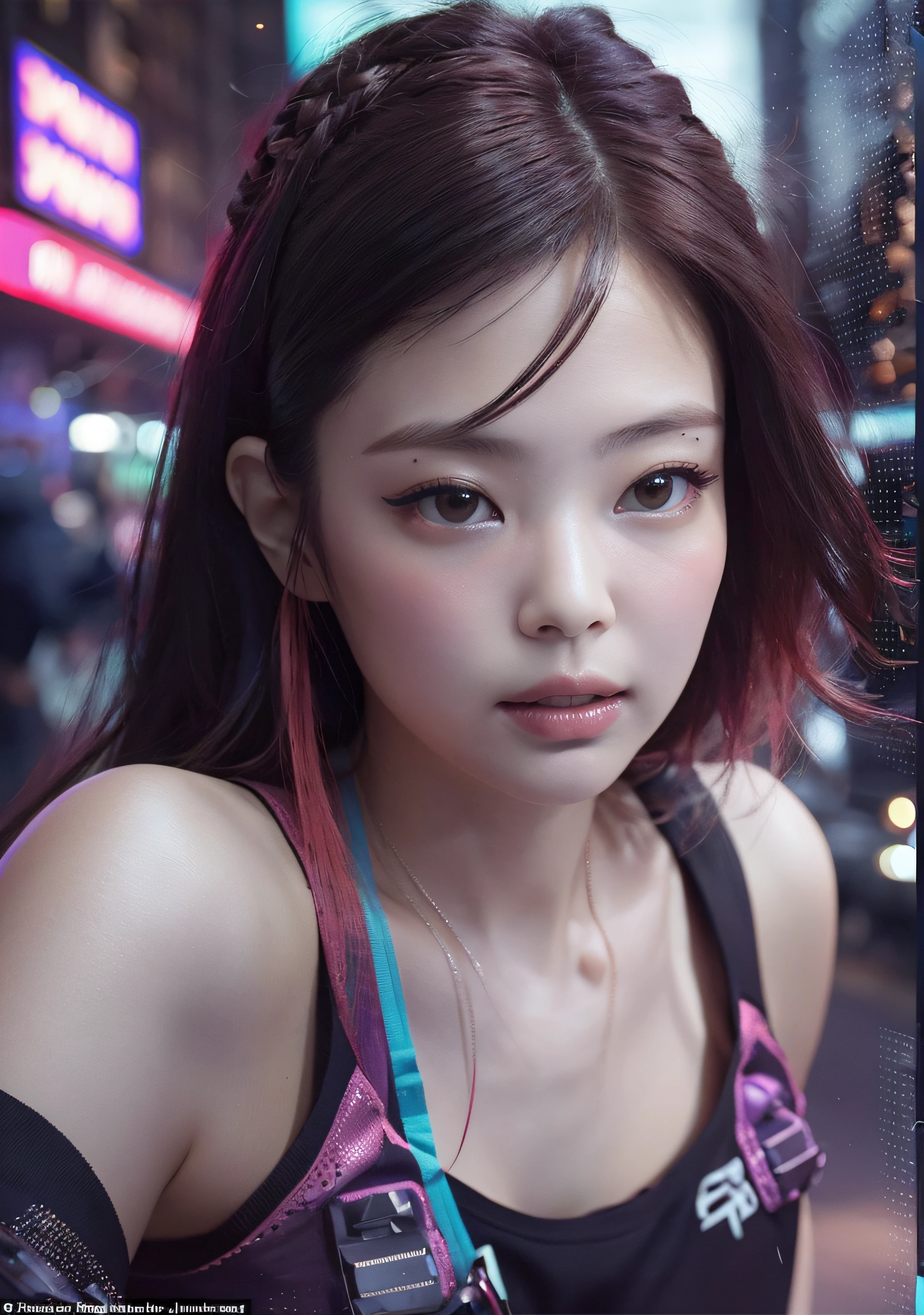 analog style, model shoot style, photo ((selfie:1.8)) of a girl, 1girl, (cyberpunk:1.8, cyberpunk city background:1.8), ((cutest face: 1.8, perfect face:1.3)), (long multicolored hair:1.4, pale skin:1.5),
(from above:1.2), best quality, epic (by lee jeffries photo, sony a7, 50 mm, pores:1.5, colors, hyperdetailed:1.5, film grain:1.4,
hyperrealistic: 1.5), hyper-realistic lifelike texture, masterpiece, unreal engine 5, Extremely detailed CG unity 8k wallpaper, realistic eyes,
Madly detailed photo, (ecstasy of light and shadow, deep shadow), (Winner of the Pulitzer Prize for Photography and Taylor Wessing Photographic Prize) Jennie Kim