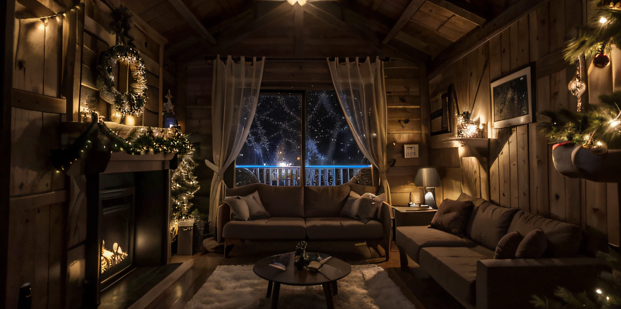 Quarto Arafed com uma cama, a sofa, uma cadeira, uma tabela e uma janela, noite de natal, arvore de natal, Christmas decoration, noite natalinalugar aconchegante, large windows to the forest at night, interior quente, fundo aconchegante da casa, ambiente acolhedor e tranquilo, interior aconchegante da sala de estar, quarto aconchegante, ambiente aconchegante, sala de estar quente, sala de estar aconchegante, Atmoshpere aconchegante, atmosfera aconchegante, dentro de uma cabine