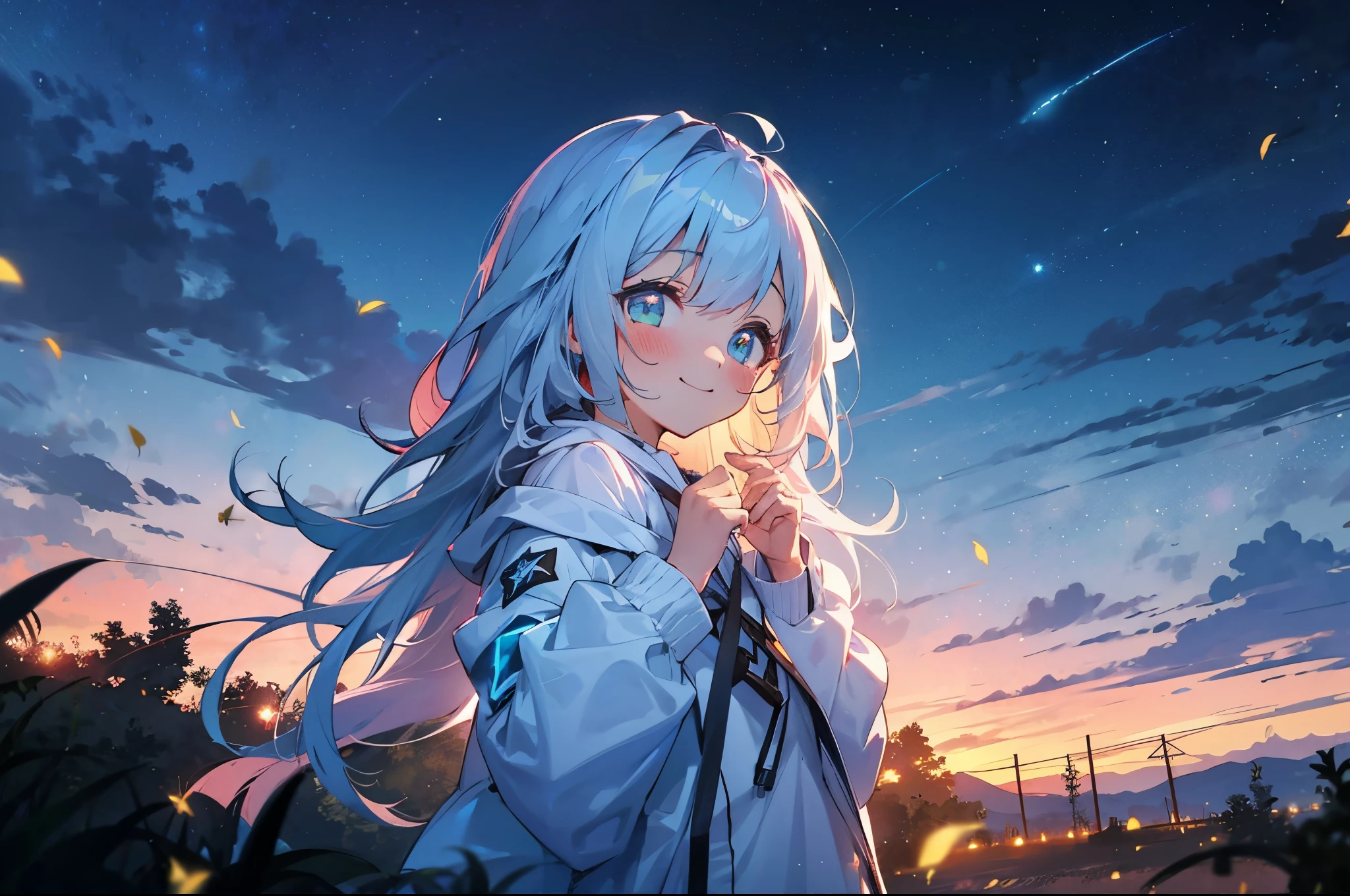 Starry sky, ((solo)), glow star, cyan eyes, white long hair, white hoodie, smile, blush, fireflies, detailed, beautiful clouds,