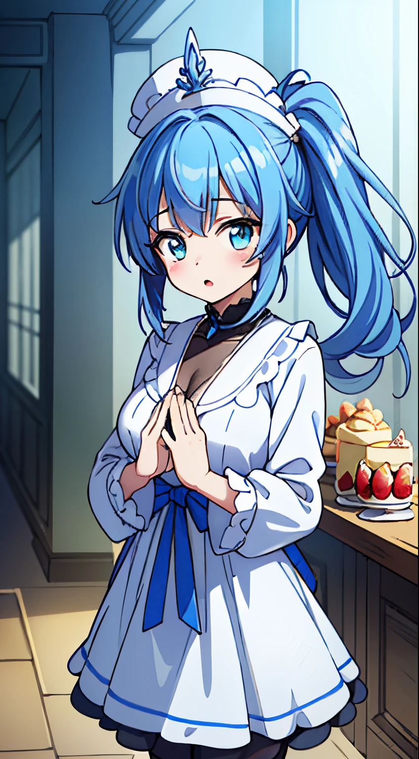 1girl, nsfw, Kagami Hiiragi, 1girl, 独奏, twintails, hair ribbon, Blue eyes,. Purple Hair,, empty eyes, forehead, large breasts, ??????, Walking, Cooking Classes, frozen, Wet, crying, ?????, (1girl) Blank look, Peeing, lactation, projectile lactation
