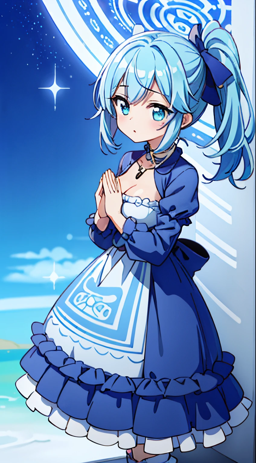 (Cute illustration:1,2),(Absurd realistic structure details),(High resolution complex and detailed text quality),(High-resolution microstructure、High poly 3 boobs D rendering correction),Methods of geometry,Careful explanatory anatomy,
BREAK,



1 beautiful girl, 1 person,Solo,(Cute:1.5),(Chibi:0.6),(kawaii:1.5),(Lori:0.5),(17 years old girl),Very detailed,colourfull,highest details,Clear skin,Beautiful skin,Shy,Very detailed,colourfull,highest details,Clear skin,Beautiful skin,Shy skin,1 beautiful girl,{Heterochromia,blue eyess,verd s eyes:1.9},star eye silhouette, BREAK,(pale blue hair, Medium length:1.4),(Side Ponytail,A little curly hair,Single-sided twisted blade,Princess Cut:1.3),(cleavage of the breast,Large breasts,Beautiful , gleaming skin,Clear skin, Beautiful skin,(best quality face),(Top quality glowing eyes),(Doya face,brave face:1.45),  BREAK, (dessert motif inspired:1.2), white lace, (closed collar long-sleeved blouse:1.2) with frilled and ribbon, a volumey pannier under a (dessert-pattern long dress:1.6) with (lots of layered frills:1.2) and ribbons, (lace ruffle socks:1.2), dessert-themed accessories, hat, platform shoes BREAK,(during daytime), (Meditation Poses, Join palms together,Praying,own hands together:1.35), (Buddhist Prayer,sanskrit text, mandalas,Shining Circle, Team Light, Shining, aureole,  effect, magical effect, Holylite:1.2), (Full body), Waterfall,depth of fields,

 BREAK,wakame,wakame,wakame,(Cowboy Shot:1.4), 

BREAK,(Blurry background:1.3),(absurderes, hight resolution, Super Detail Art),cel shading,Clear Color, Lonely optical effect, Beautiful pictures, Bright glow, mystic atmosphere,(Close-up of girl:1.1), Mystical light particle effect,manga influence, clean line drawings,
