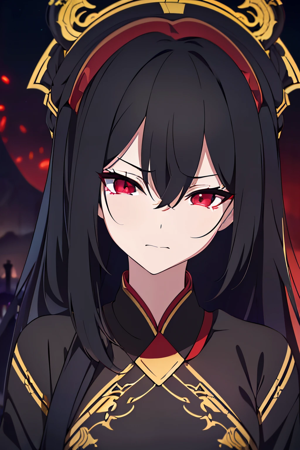 scene:0.9, (masterpiece), best quality, (((ultra detailed, 8k quality))), ((looking at viewer)), (long black hair, side bang, expressive red eyes:0.7, glowing red eyes), (depth perception:0.7, black background, blurry background), ((torso)), (((centered))), feminine, sad, crying, distraught face, surrounded by darkness, (distanced), ((in the distance surrounded by darkness)), (head tilted up), looking at viewer , (perfect hand), (hair pins), wearing black Chinese dress with golden dragon patterns on it, (((MAPPA STUDIOS)))