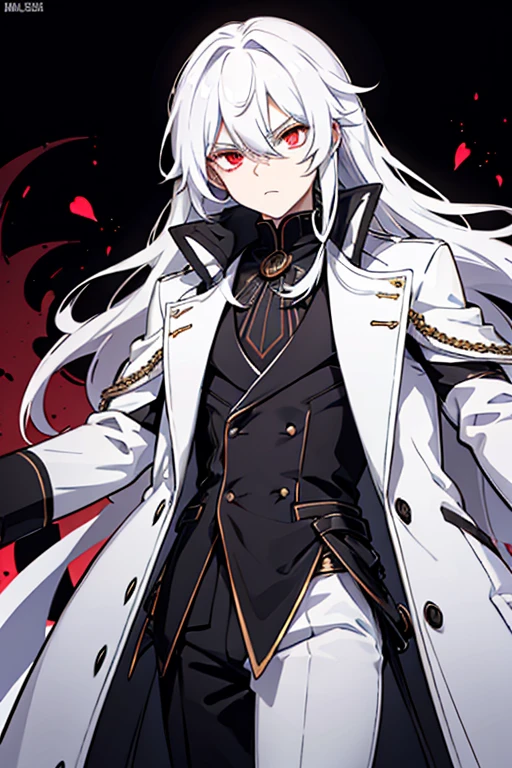 A man with long hair and red eyes, wearing a large white coat over a black woolen shirt with a high collar. His hair cascades down his shoulders in loose waves, framing his face. His eyes, a striking shade of red, seem to glow with intensity. The white coat he wears is oversized, reaching down to his thighs, and is adorned with intricate patterns and decorative buttons. Underneath the coat, the black woolen shirt with a high collar adds a touch of sophistication to his look. The collar hugs his neck, creating a sleek and stylish silhouette.