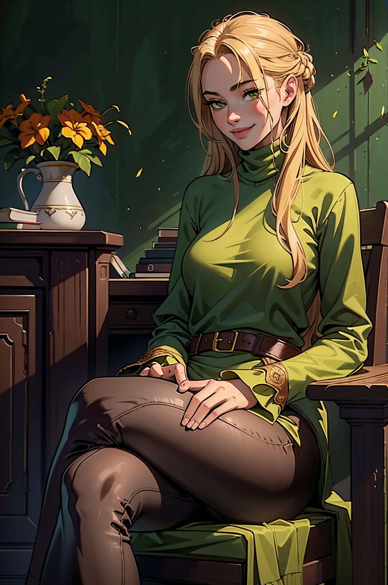 1girl, solo, 16 years old, loose blond hair, wearing velvet red leggings and green sweather, sitting on a chair in classroom, crossing legs, smiling embarassed, side view, bare forehead, hooked nose, puffy cheeks, small breast, alluring, flirty, confident, scornful look, malicious smirk, detailed face, detailed yellow eyes, detailed irises, thick fleshy lips, medieval, high res, best quality, ultrasharp, 8K, cinematic, green wall behind