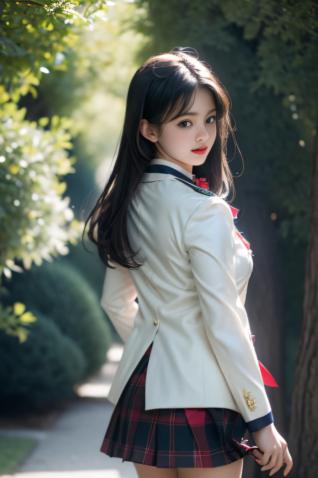 (( A girl walking along a row of ginkgo trees)),Charming eyes,Heartwarming action,Turn your face away from the camera,stooped,Bend over,turn back,Look up at your head,thick and long black hair,Highly detailed body,Highly detailed face,best qualtiy、(P boobs iNK underwear),(High School Girls),((White Blazer、emblem on breasts))、((Translucent blouse)),((red bowtie)),((navy check flare skirt)),(black stocking loafers