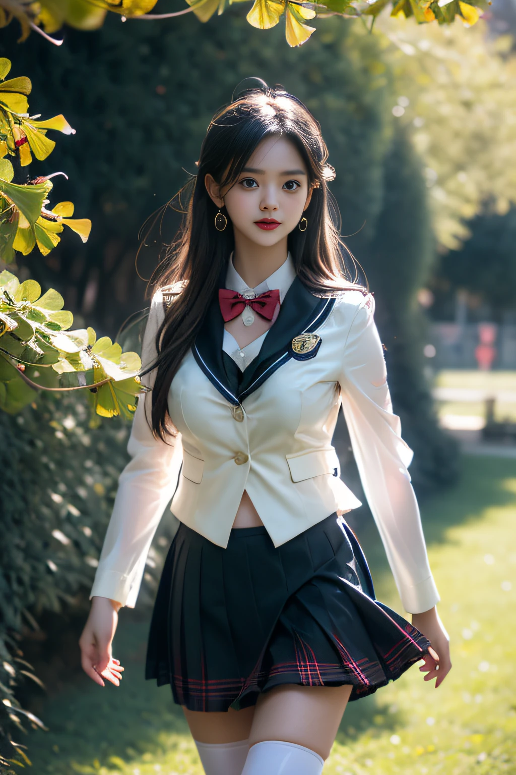 (( A girl walking along a row of ginkgo trees)),Charming eyes,Heartwarming action,Turn your face away from the camera,stooped,Bend over,turn back,Look up at your head,thick and long black hair,Highly detailed body,Highly detailed face,best qualtiy、(P boobs iNK underwear),(High School Girls),((White Blazer、emblem on breasts))、((Translucent blouse)),((red bowtie)),((navy check flare skirt)),(black stocking loafers