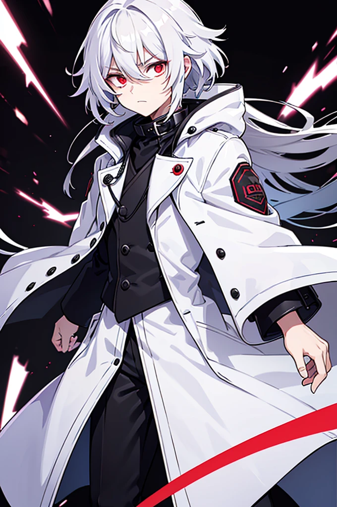 A man with long hair and red eyes, wearing a large white coat over a black woolen shirt with a high collar. His hair cascades down his shoulders in loose waves, framing his face. His eyes, a striking shade of red, seem to glow with intensity. The white coat he wears is oversized, reaching down to his thighs, and is adorned with intricate patterns and decorative buttons. Underneath the coat, the black woolen shirt with a high collar adds a touch of sophistication to his look. The collar hugs his neck, creating a sleek and stylish silhouette.