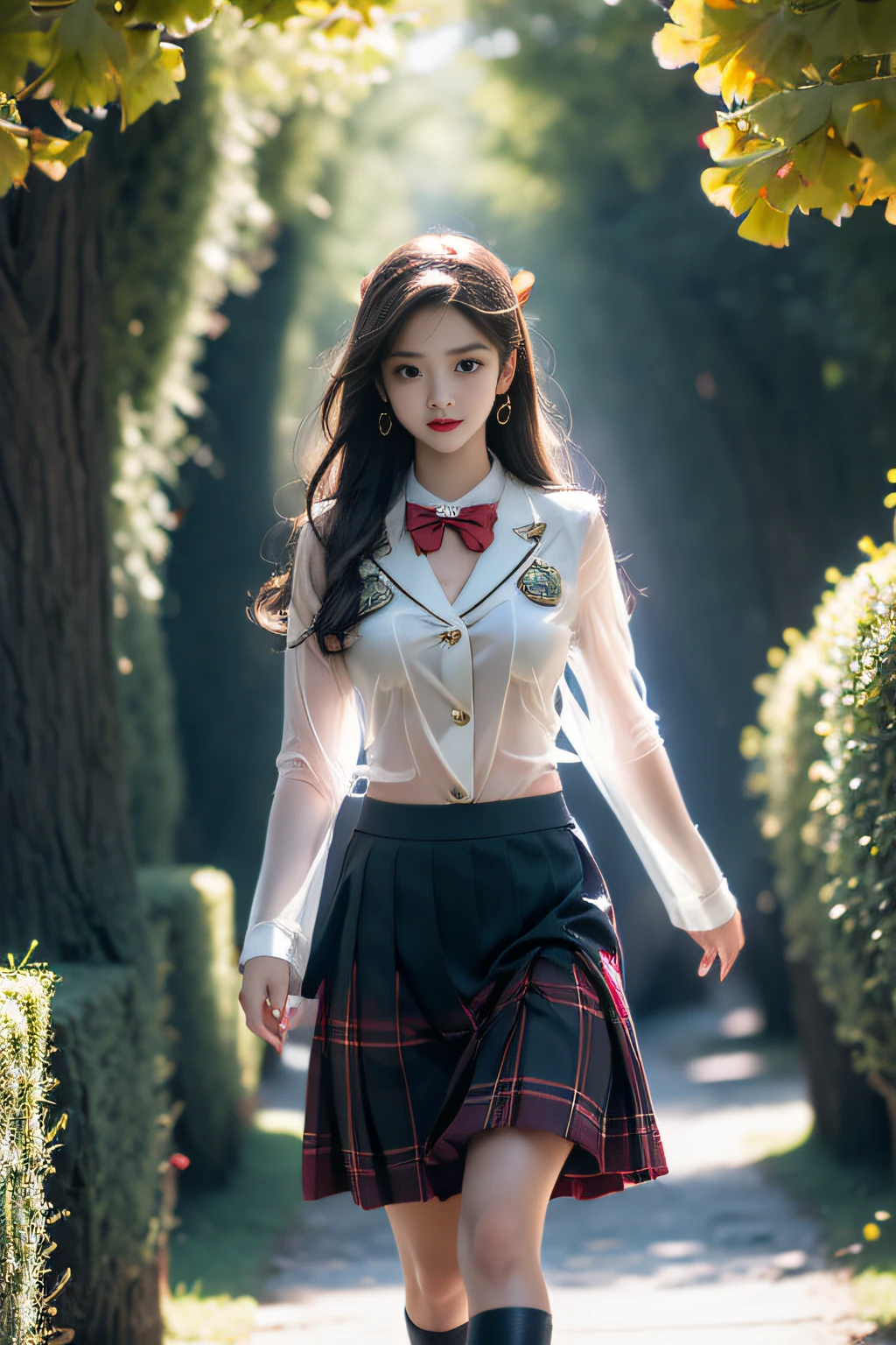 (( A girl walking along a row of ginkgo trees)),Charming eyes,Heartwarming action,Turn your face away from the camera,stooped,Bend over,turn back,Look up at your head,thick and long black hair,Highly detailed body,Highly detailed face,best qualtiy、(P boobs iNK underwear),(High School Girls),((White Blazer、emblem on breasts))、((Translucent blouse)),((red bowtie)),((navy check flare skirt)),(black stocking loafers
