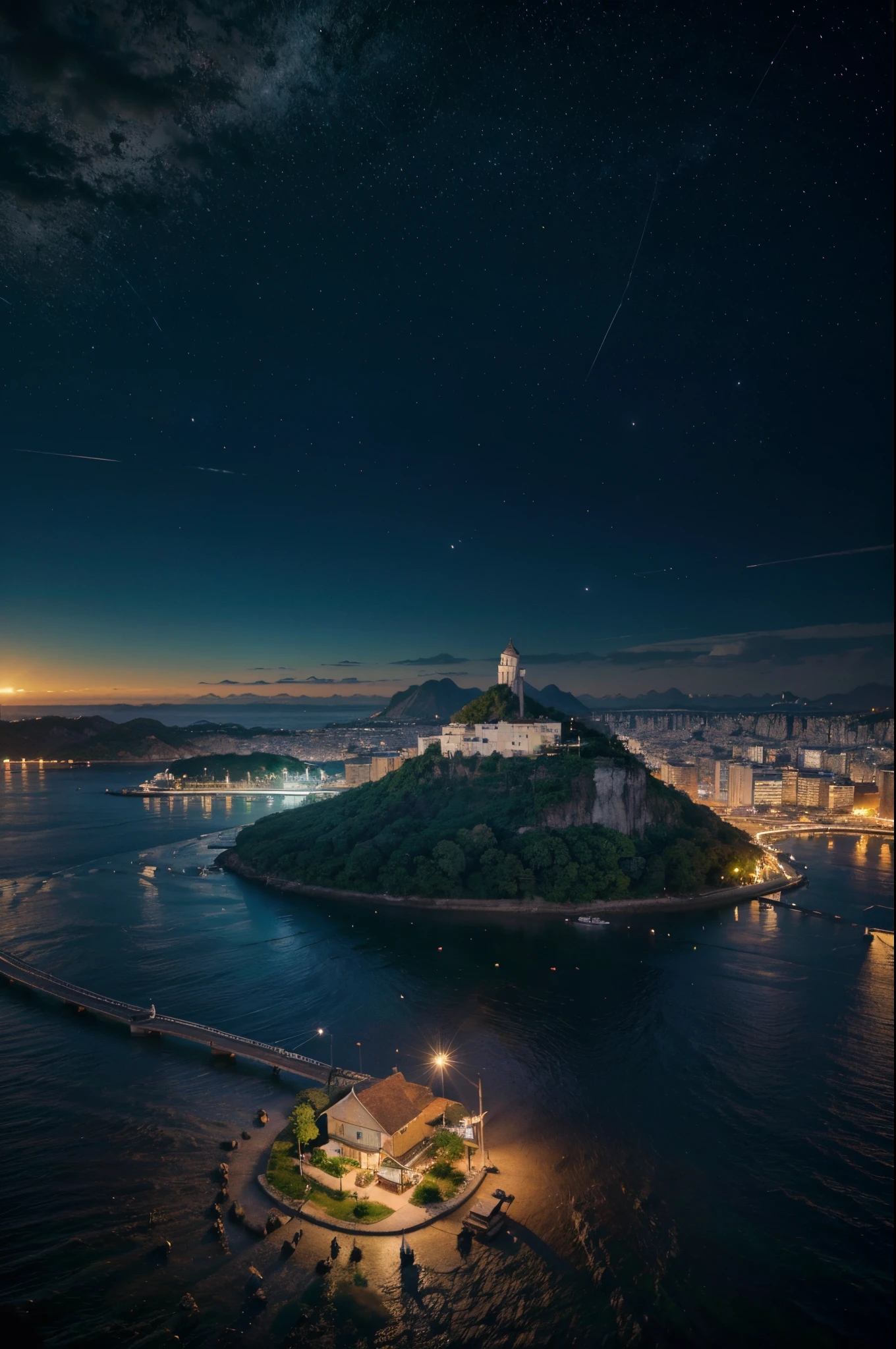 cena noturna com uma aldeia e um rio em primeiro plano, noite calma. digital illustation, 4k arte digital altamente detalhada, Night scenery, anime art wallpaper 4k, anime art wallpaper 4k, 4k arte digital detalhada, paisagem da natureza noturna, anime art wallpaper 8 k