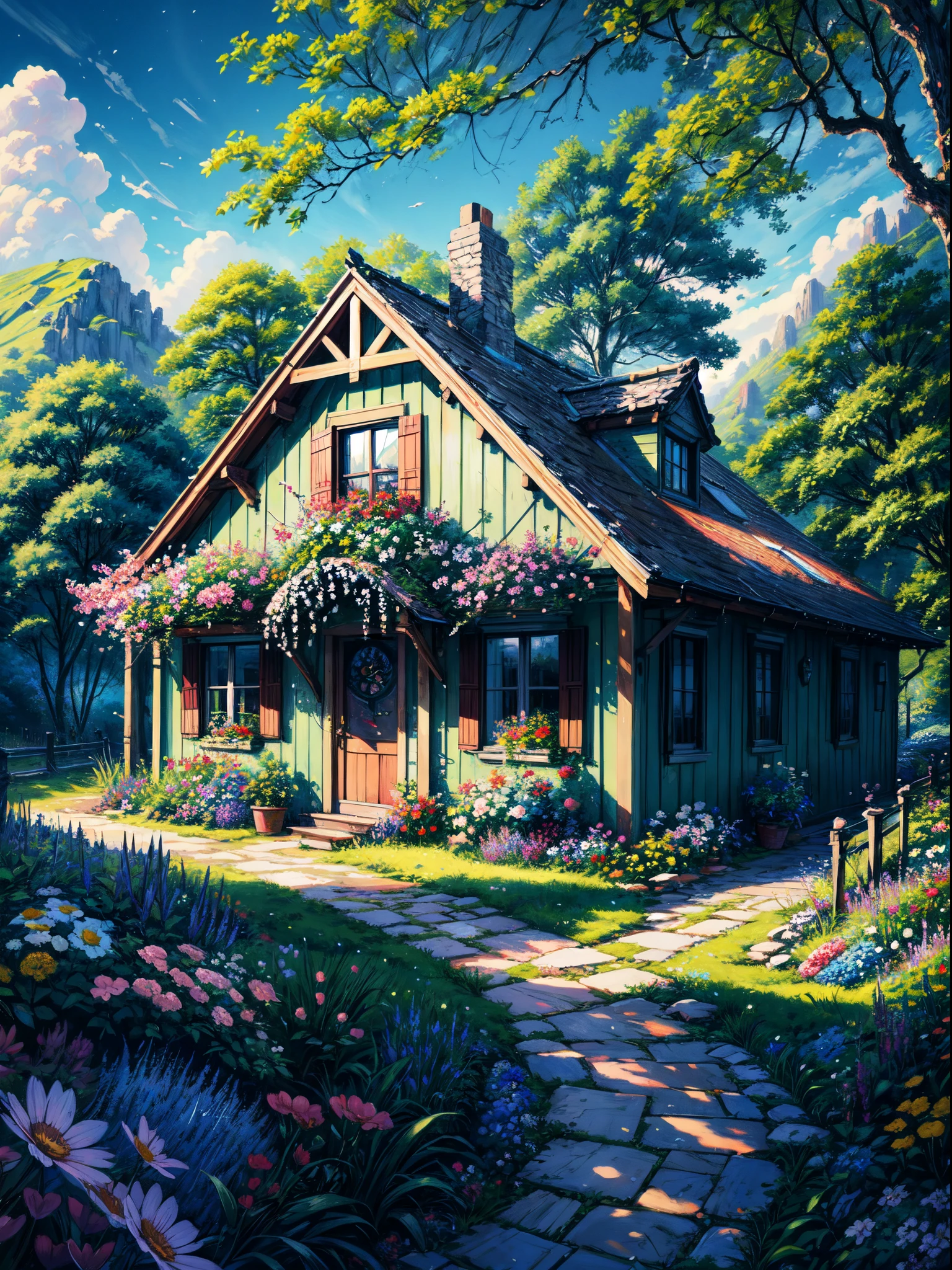 painting of a garden house with flowers and paths, rich picturesque colors, Flower Cottage, Full of color and rich details, beautiful house on a forest path, idyllic cottage, beautiful art uhd 4 k, blossoming path to heaven, scenery art detailed, a beautiful artwork illustration, landscape artwork, detailed painting 4 k