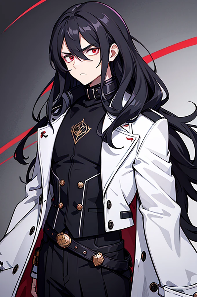 A man with long hair and red eyes, wearing a large white coat over a black woolen shirt with a high collar. His hair cascades down his shoulders in loose waves, framing his face. His eyes, a striking shade of red, seem to glow with intensity. The white coat he wears is oversized, reaching down to his thighs, and is adorned with intricate patterns and decorative buttons. Underneath the coat, the black woolen shirt with a high collar adds a touch of sophistication to his look. The collar hugs his neck, creating a sleek and stylish silhouette.