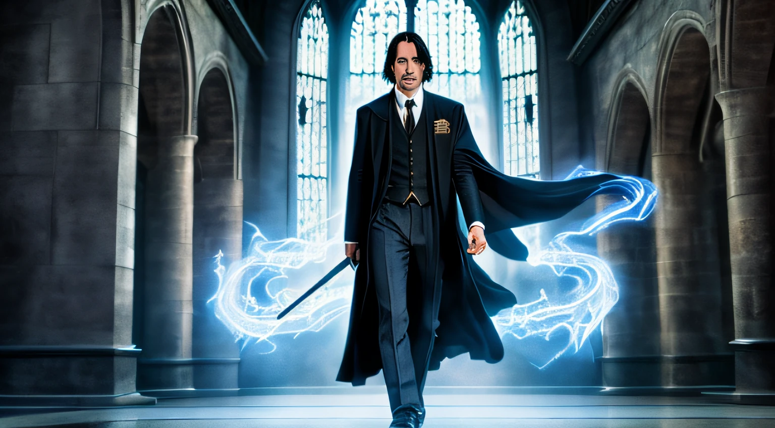 teenaged, A young, a handsome, Keanu Reeves, in Hogwarts robes, young student wizard, magic wand, snake patronus, background magic style Hogwarts, ultra quality, Masterpiece, surreal. --auto