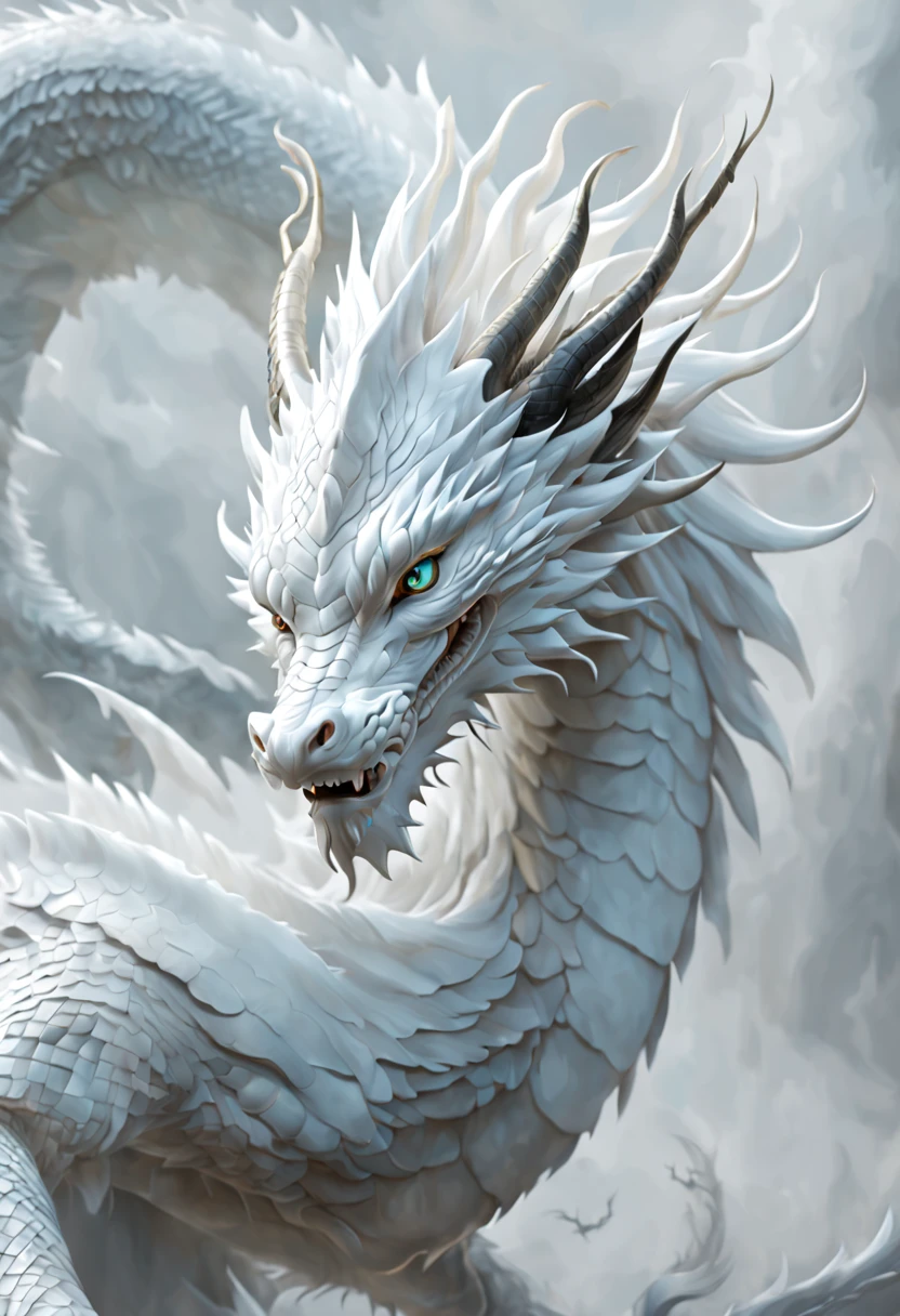 (best quality,4k,highres,masterpiece:1.2),ultra-detailed,realistic:1.37,Chinese white dragon,exquisite detailed anatomy,porcelain-like scales and skin,curved and graceful horns,sharp and defined teeth and claws,flowing and elegant mane,glistening and piercing eyes,captivating and majestic presence,imposing and powerful figure,ethereal and mystifying aura,embodied strength and wisdom,serene and tranquil demeanor,stunning and intricate scales patterns,limbs and wings perfectly proportioned,background enveloped in swirling clouds and mist,subtle color palette with shades of whites and grays,subdued lighting highlighting the dragon's features,meticulously crafted artistry and attention to detail,traditional Chinese art influences,mythical and legendary creature brought to life.