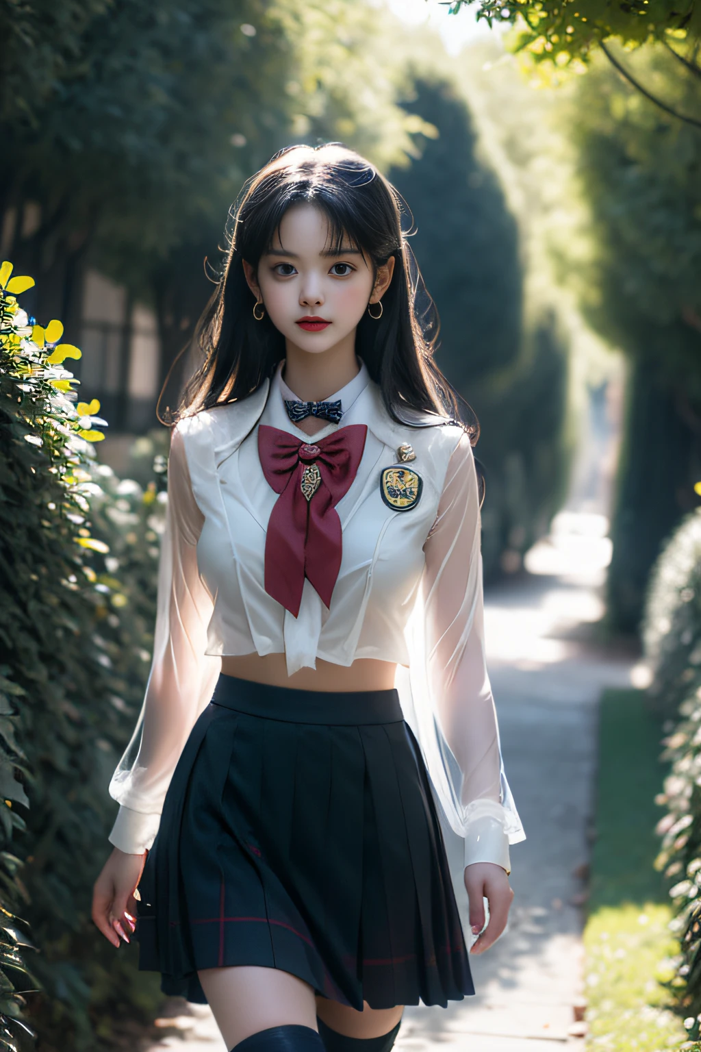 (( A girl walking along a row of ginkgo trees)),Charming eyes,Heartwarming action,Turn your face away from the camera,stooped,Bend over,turn back,Look up at your head,thick and long black hair,Highly detailed body,Highly detailed face,best qualtiy、(P boobs iNK underwear),(High School Girls),((White Blazer、emblem on breasts))、((Translucent blouse)),((red bowtie)),((navy check flare skirt)),(black stocking loafers