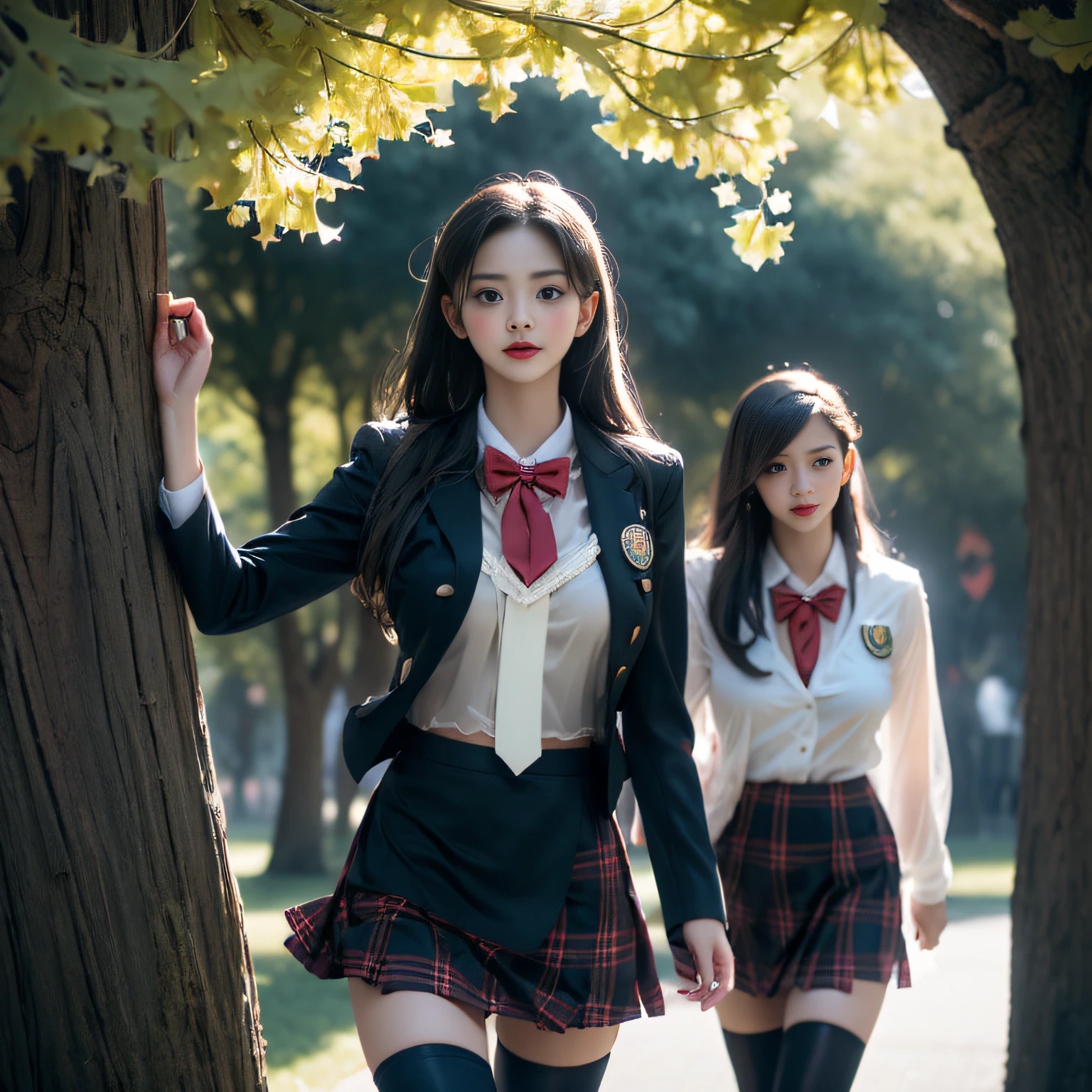 (( Girls walking along the ginkgo trees)),Charming eyes,Heartwarming action,Turn your face away from the camera,stooped,Bend over,turn back,Look up at your head,thick and long black hair,Highly detailed body,Highly detailed face,best qualtiy、(P boobs iNK underwear),(High School Girls),((White Blazer、emblem on breasts))、((Translucent blouse)),((red bowtie)),((navy check flare skirt)),(black stocking loafers