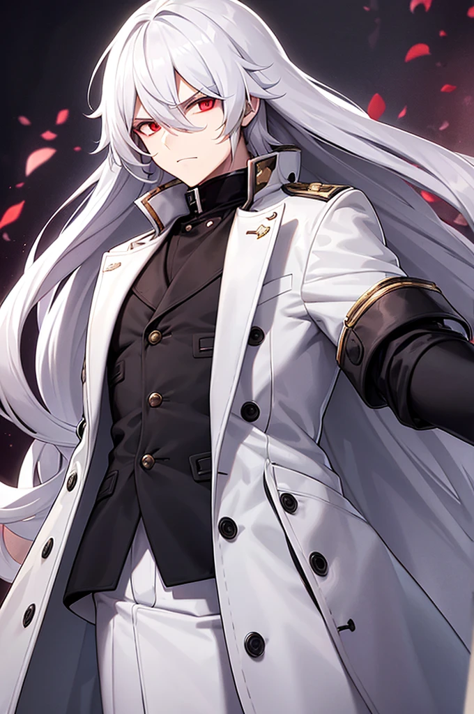 A man with long hair and red eyes, wearing a large white coat over a black woolen shirt with a high collar. His hair cascades down his shoulders in loose waves, framing his face. His eyes, a striking shade of red, seem to glow with intensity. The white coat he wears is oversized, reaching down to his thighs, and is adorned with intricate patterns and decorative buttons. Underneath the coat, the black woolen shirt with a high collar adds a touch of sophistication to his look. The collar hugs his neck, creating a sleek and stylish silhouette.