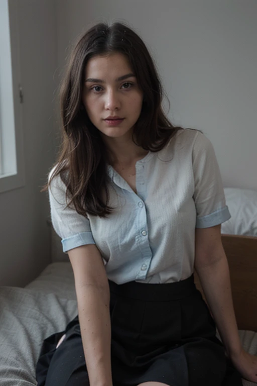 ((best quality)), ((masterpiece)), (detailed), perfect face A 26-year-old woman with black hair, medium-blue eyes resembling those of Europeans, and medium lips. She elegantly dressed in a beautiful light blue shirt with long black skirt in her bed