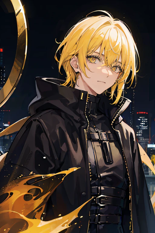 yellow-eyed, yellow-haired man wearing a black hooded cape with medium hair down to his ears with a gentle look on a rainy night in the cyberpunk city