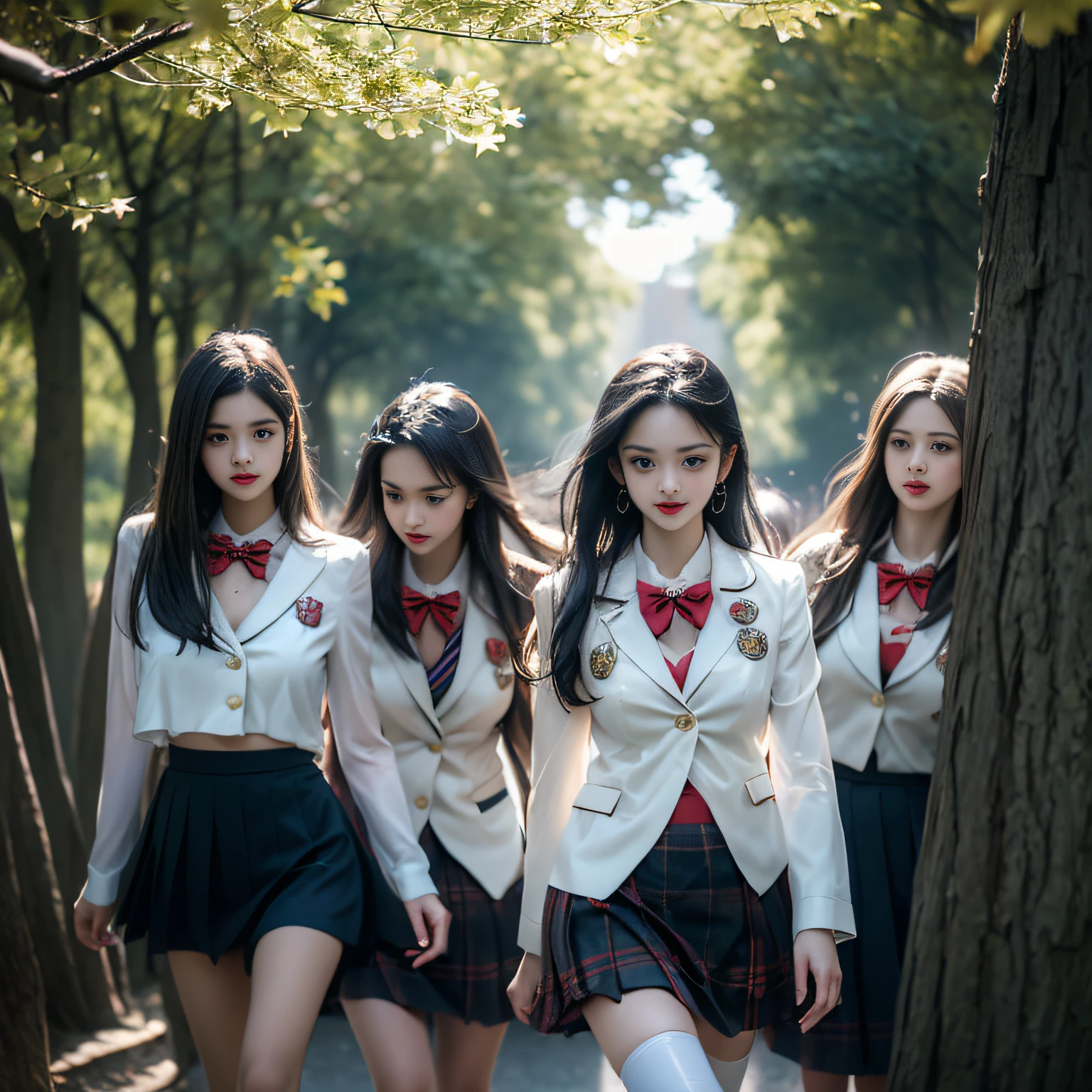 (( Girls walking along the ginkgo trees)),Charming eyes,Heartwarming action,Turn your face away from the camera,stooped,Bend over,turn back,Look up at your head,thick and long black hair,Highly detailed body,Highly detailed face,best qualtiy、(P boobs iNK underwear),(High School Girls),((White Blazer、emblem on breasts))、((Translucent blouse)),((red bowtie)),((navy check flare skirt)),(black stocking loafers