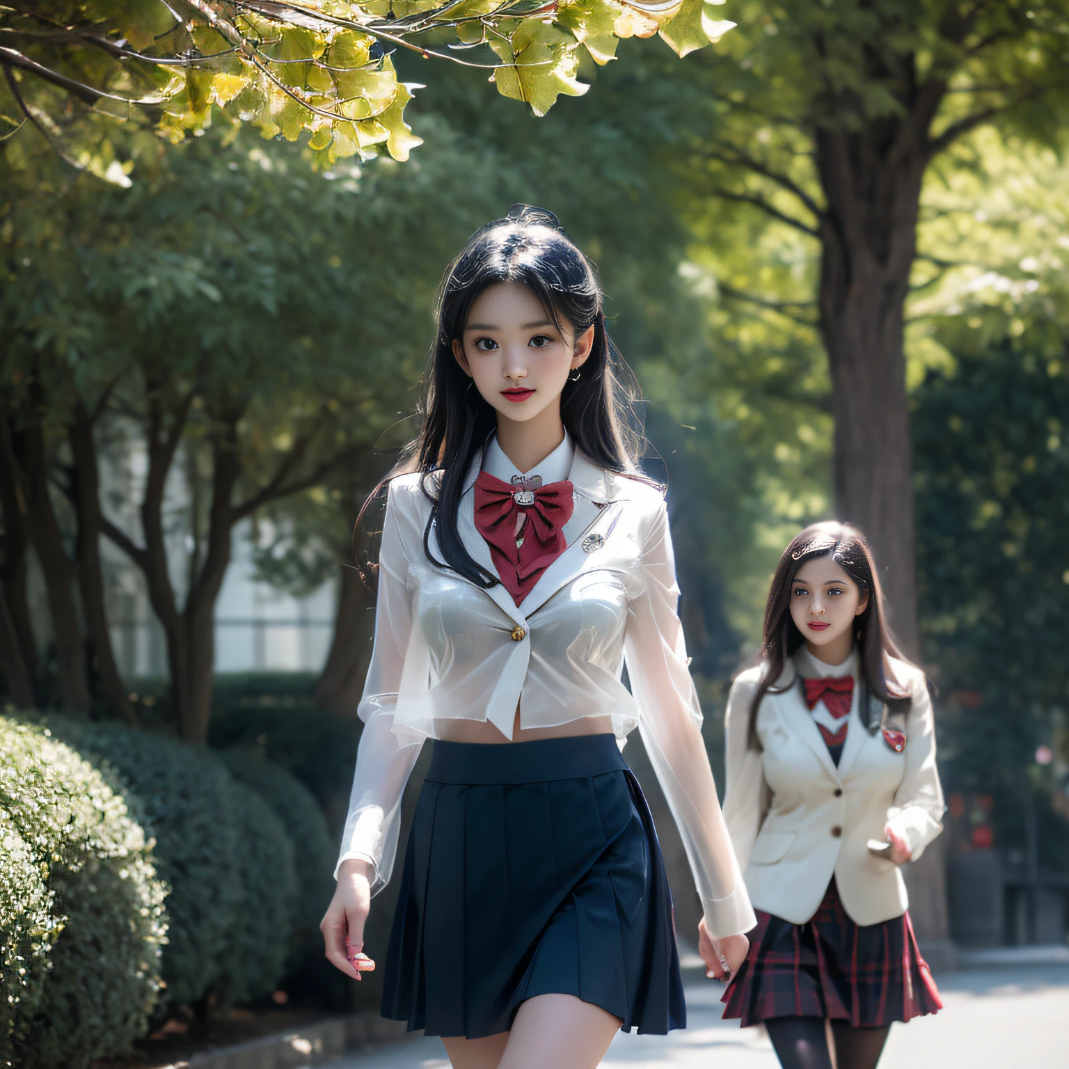 (( Girls walking along the ginkgo trees)),Charming eyes,Heartwarming action,Turn your face away from the camera,stooped,Bend over,turn back,Look up at your head,thick and long black hair,Highly detailed body,Highly detailed face,best qualtiy、(P boobs iNK underwear),(High School Girls),((White Blazer、emblem on breasts))、((Translucent blouse)),((red bowtie)),((navy check flare skirt)),(black stocking loafers