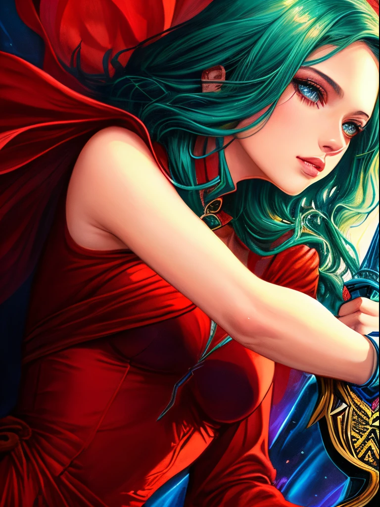 Close-up of a woman in a red dress holding a sword, inspired by Magali Villeneuve, graphic artist magali villeneuve, magali villeneuve', Alice X. Zhang, beautiful character painting, magali villeneuve', Yang J, neoartcore and charlie bowater