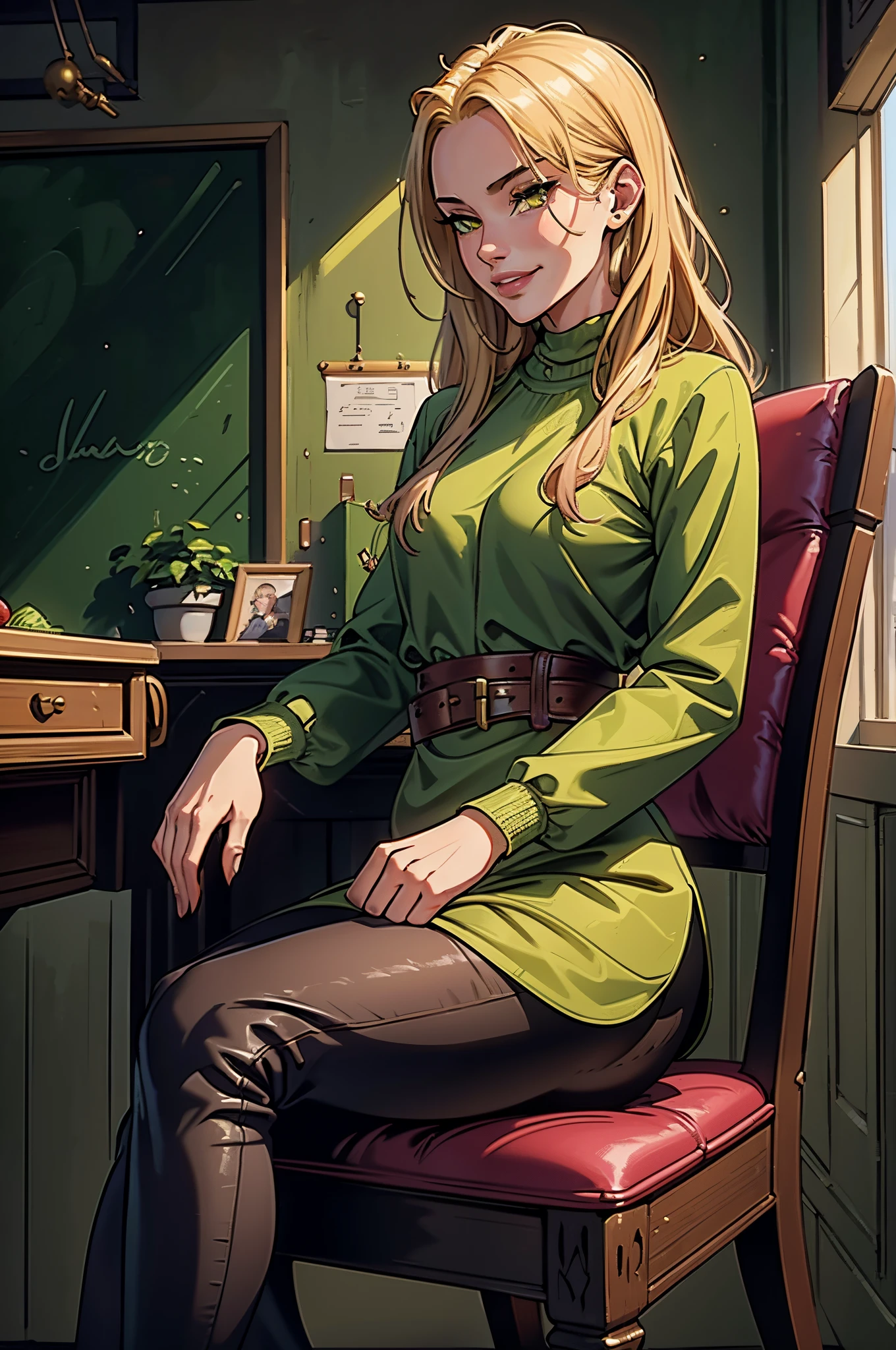 1girl, solo, 16 years old, loose blond hair, wearing velvet red leggings and green sweather, sitting on a chair in classroom, crossing legs, smiling embarassed, side view, bare forehead, hooked nose, puffy cheeks, small breast, alluring, flirty, confident, scornful look, malicious smirk, detailed face, detailed yellow eyes, detailed irises, thick fleshy lips, medieval, high res, best quality, ultrasharp, 8K, cinematic, green wall behind