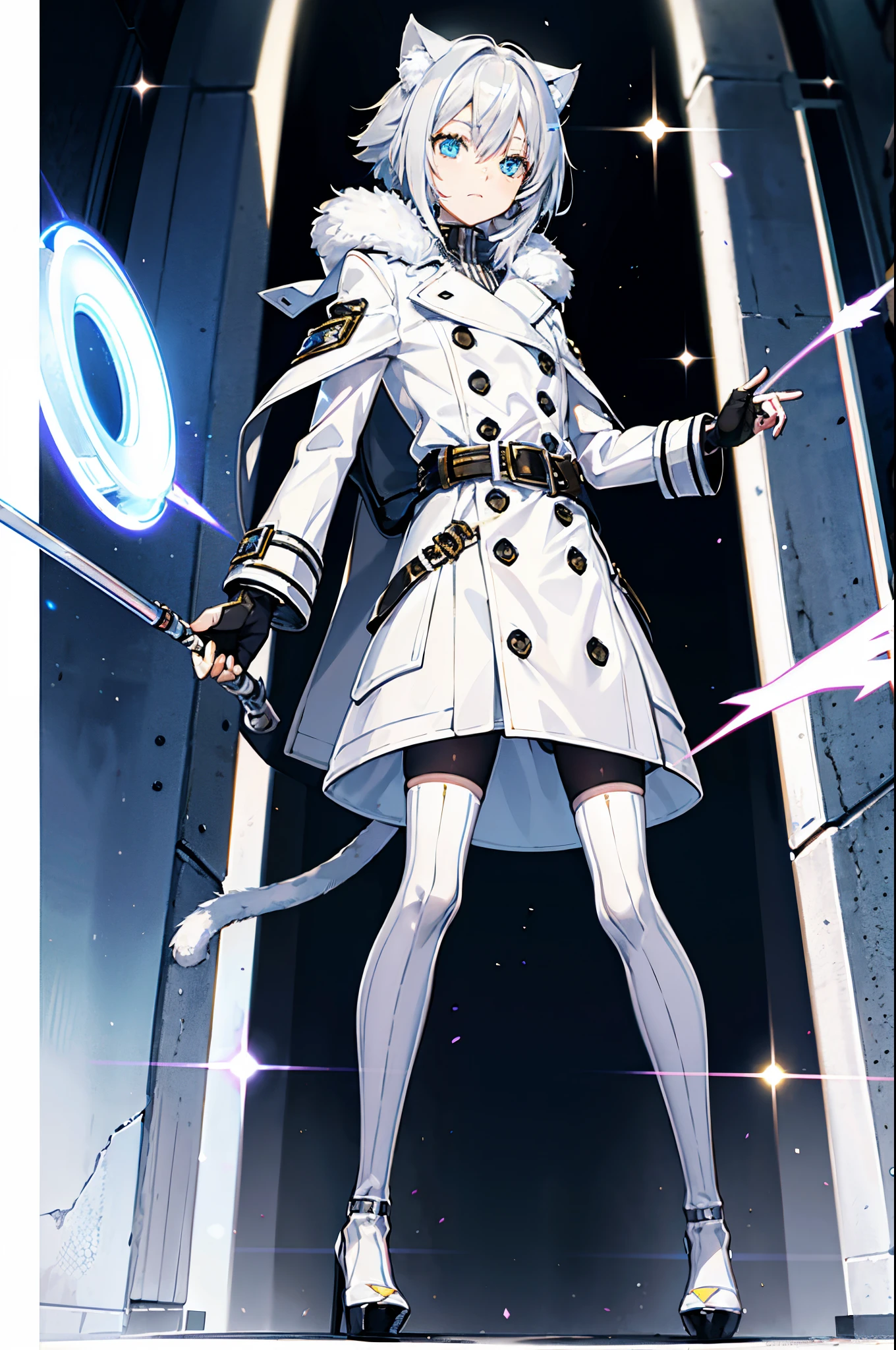 Fluffy silver hair，White striped trench coat，Eye glaslack fingerless gloves，the only person，through bangs，glowing light eyes，half-close eyes，cat ear，the hair