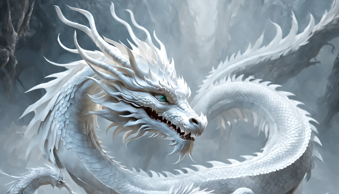(Best quality at best,4K,A high resolution,tmasterpiece:1.2),ultra - detailed,actual:1.37,Chinese White Dragon,Exquisite and detailed anatomy,Ceramic scales and skin,curved and graceful corners,Sharp and chiseled teeth and claws,flowing elegant mane,Shining and sharp eyes,Fascinating and majestic presence,Imposing figures,Ethereal and mysterious halo,Embodies strength and wisdom,Calm and serene demeanor,Stunning and intricate scale patterns,Limbs and wings are in perfect proportions,The background shrouded in mist,Subtle color palette,With shades of white and gray,Soft lighting highlights the dragon's features,Carefully crafted with artistry and attention to detail,The influence of traditional Chinese art,Mythical and legendary creatures come to life.