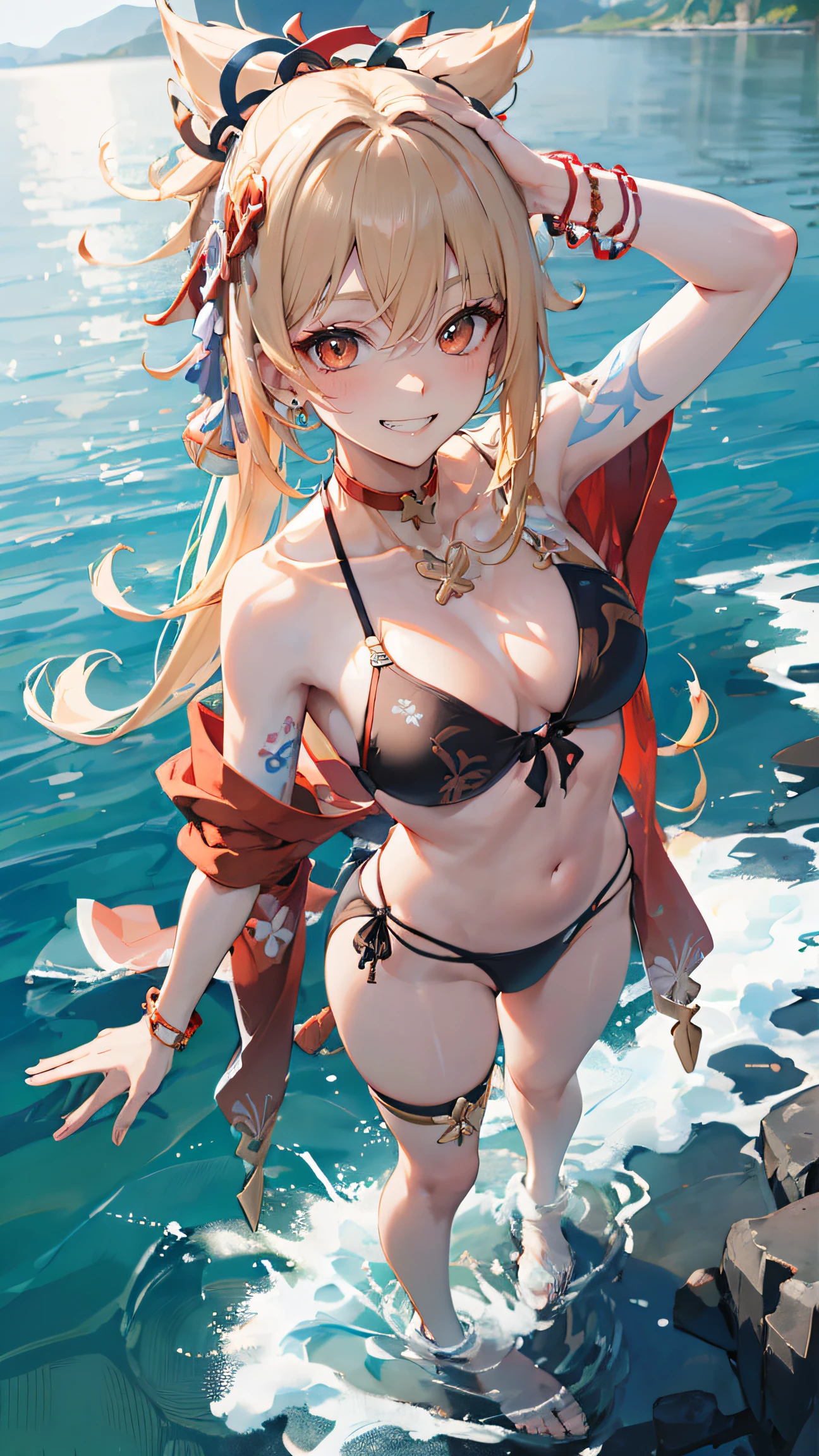 masterpiece, best quality, highres,  yoimiya_genshin, wide angle, POV, from above, 1girl, blonde hair, long hair, multicolored hair, red eyes, necklace, choker, black bikini, floral print, bracelet, side-tie bikini bottom, cowboy shot, full body veiw, standing, grin, straight-on, air flowing