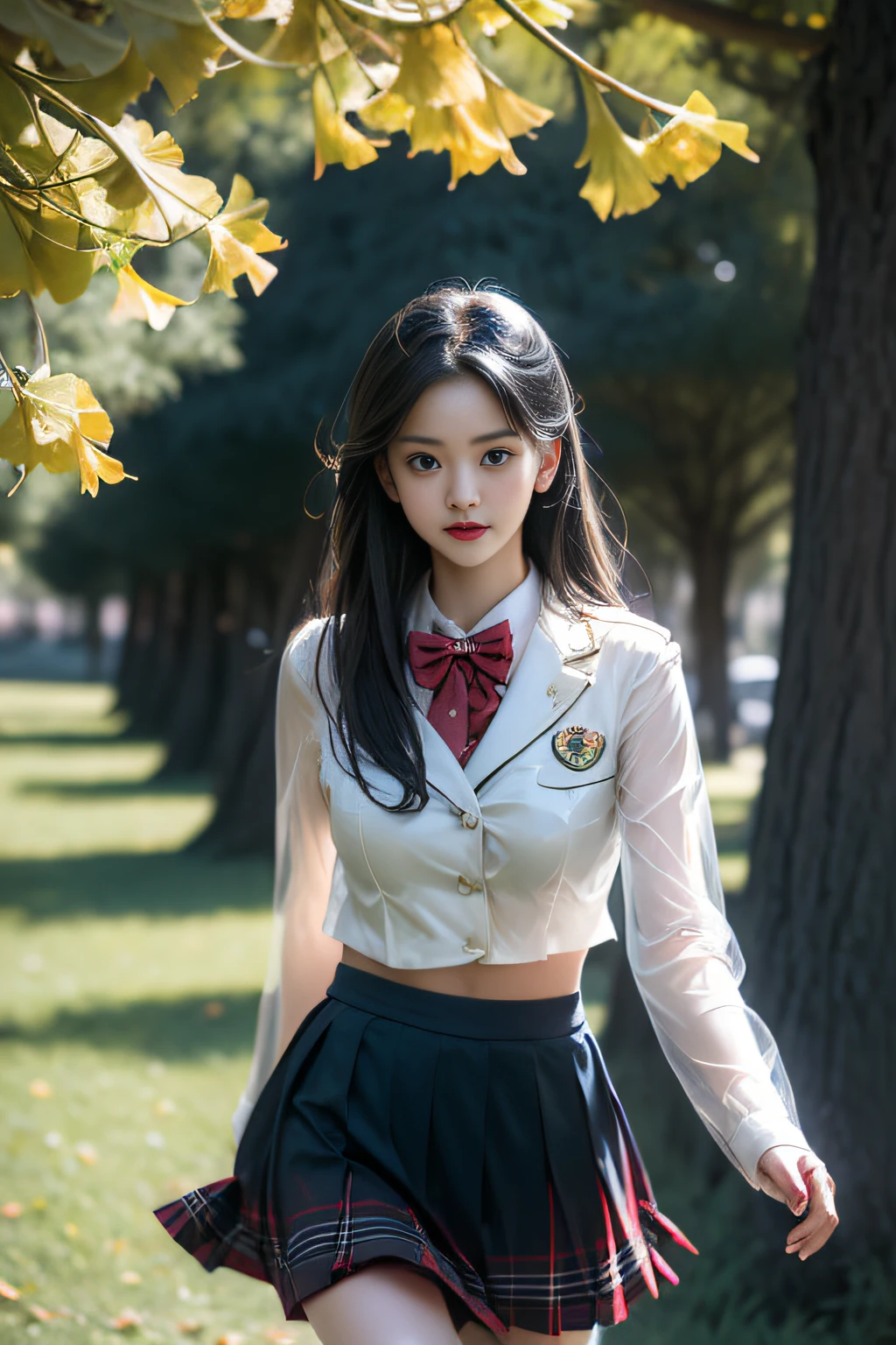 (( A girl walking along a row of ginkgo trees)),Charming eyes,Heartwarming action,Turn your face away from the camera,stooped,Bend over,turn back,Look up at your head,thick and long black hair,Highly detailed body,Highly detailed face,best qualtiy、(P boobs iNK underwear),(High School Girls),((White Blazer、emblem on breasts))、((Translucent blouse)),((red bowtie)),((navy check flare skirt)),(black stocking loafers